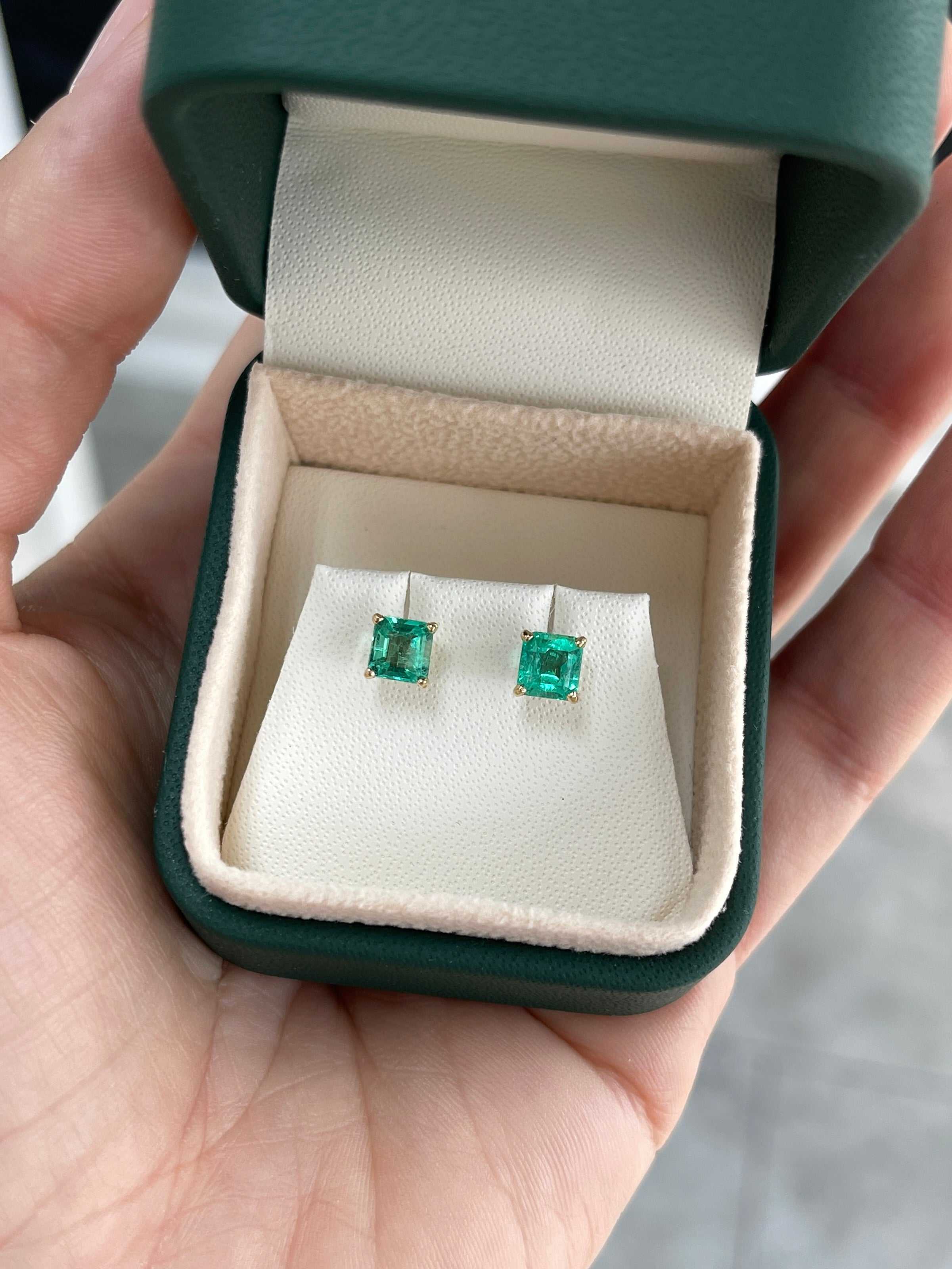 1.39tcw Vibrant Asscher Cut Colombian Emerald Studs 14K Yellow Gold - JR Colombian Emeralds