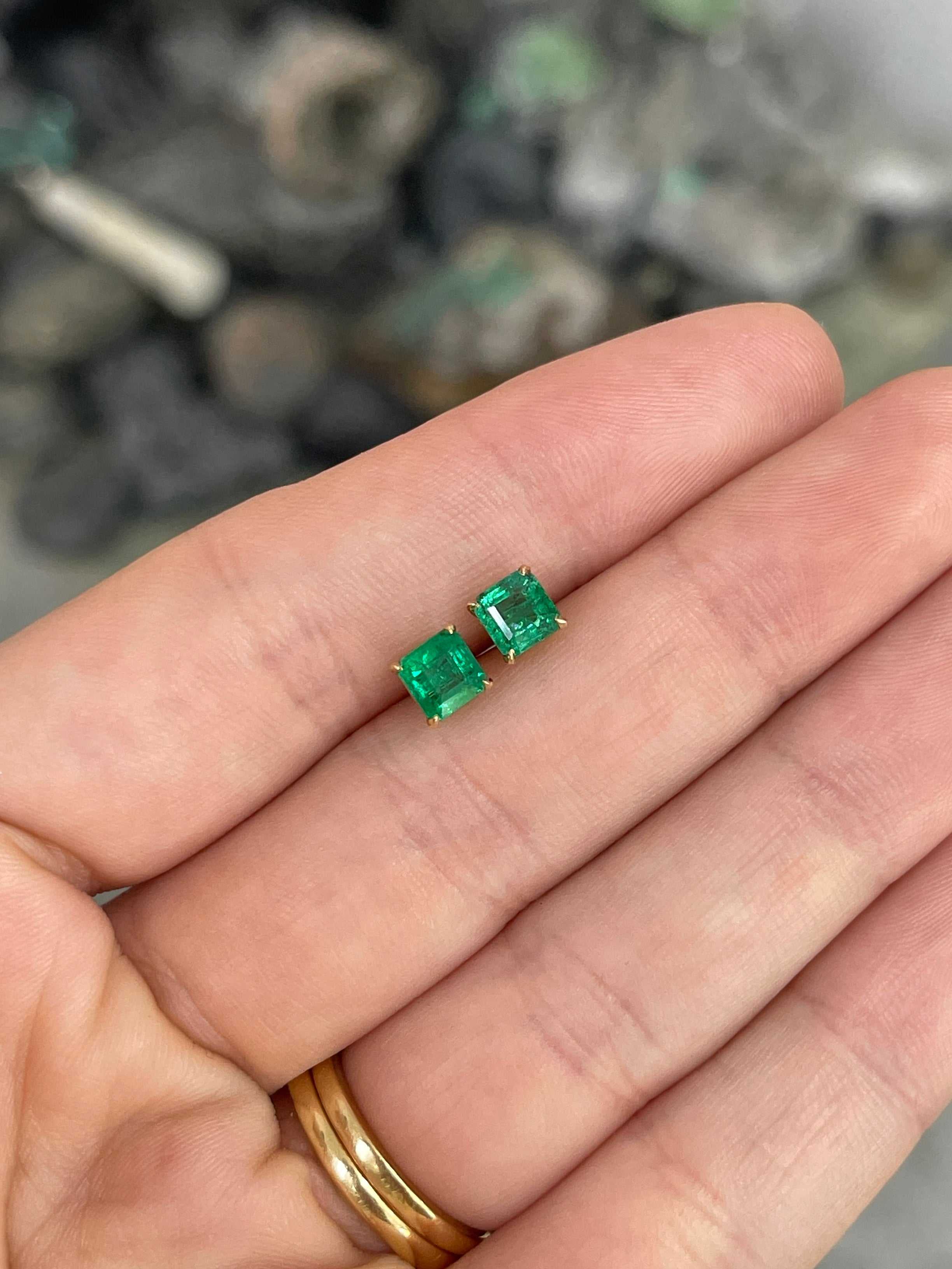 1.48tcw Deep Green Zambian Emerald Asscher Cut Stud Earring 14K