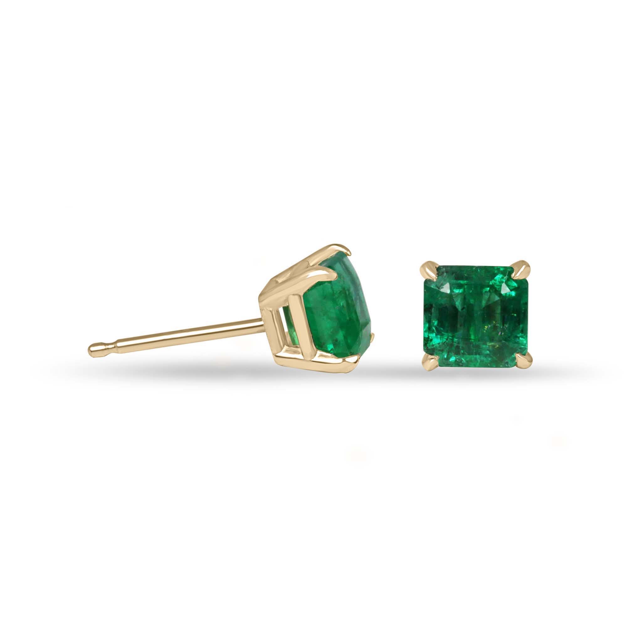 1.48tcw Deep Green Zambian Emerald Asscher Cut Stud Earring 14K