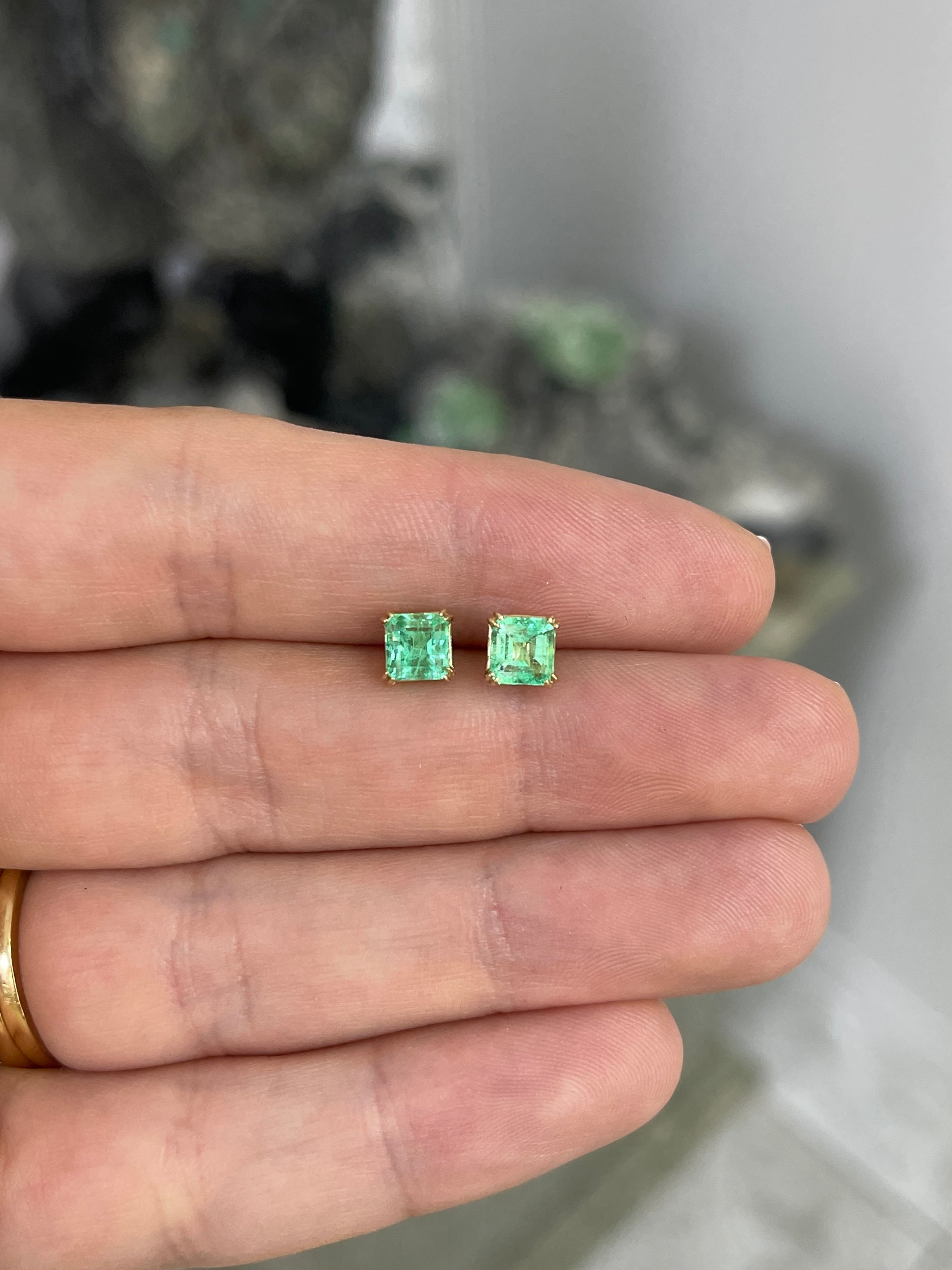 1.48tcw 14K 5x5 Light Green Colombian Emerald Asscher Cut Double Claw Stud Earring - JR Colombian Emeralds