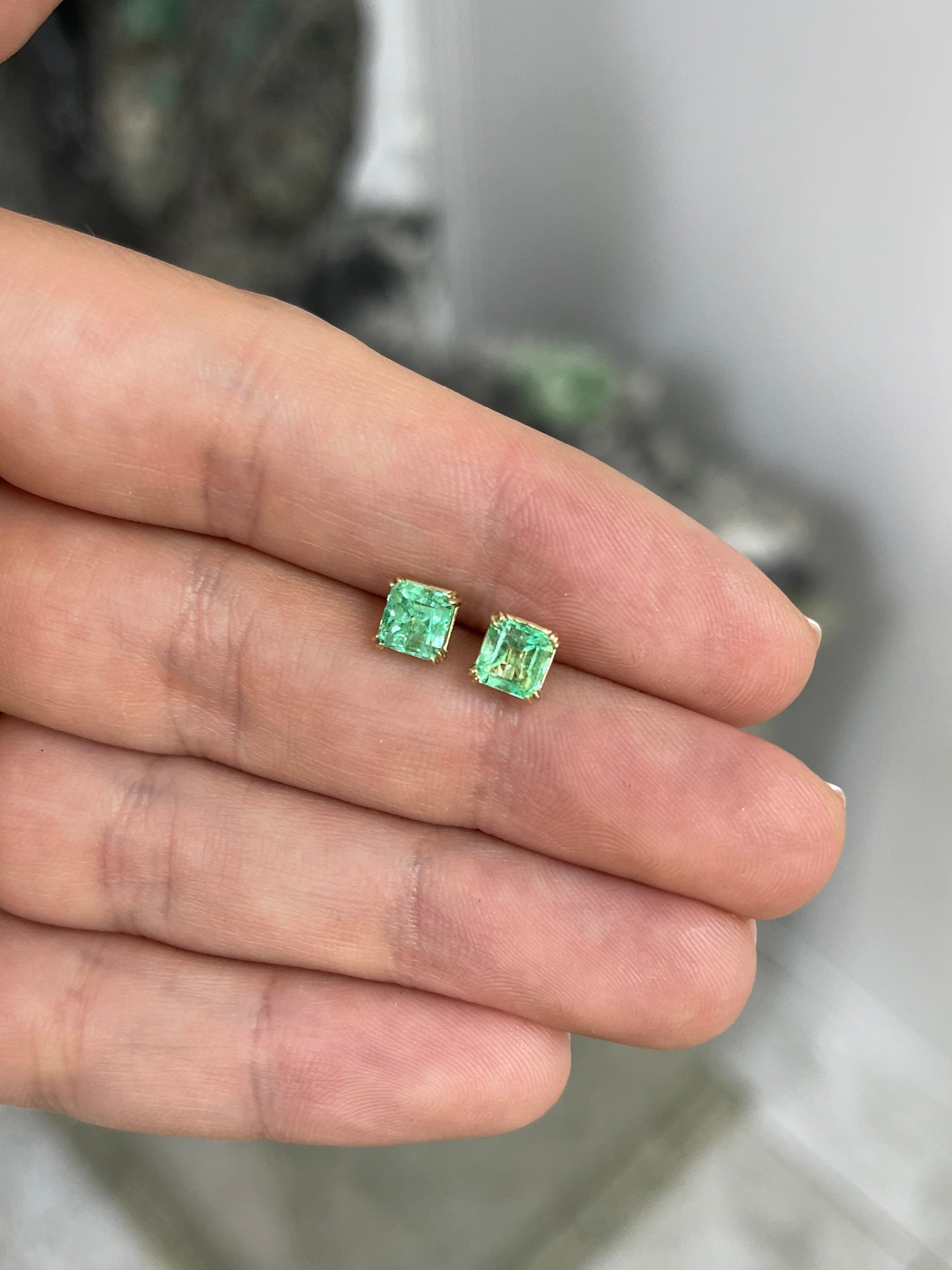 1.48tcw 14K 5x5 Light Green Colombian Emerald Asscher Cut Double Claw Stud Earring - JR Colombian Emeralds