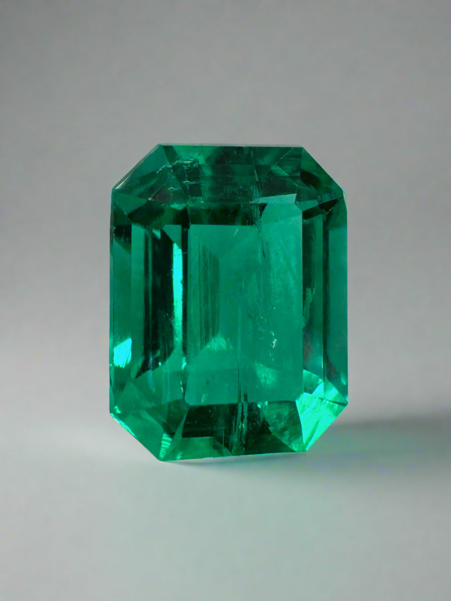 Vivid bluish green 1.49 carat Colombian emerald cut gemstone from JR Colombian Emeralds, showcasing clarity and vibrant color.