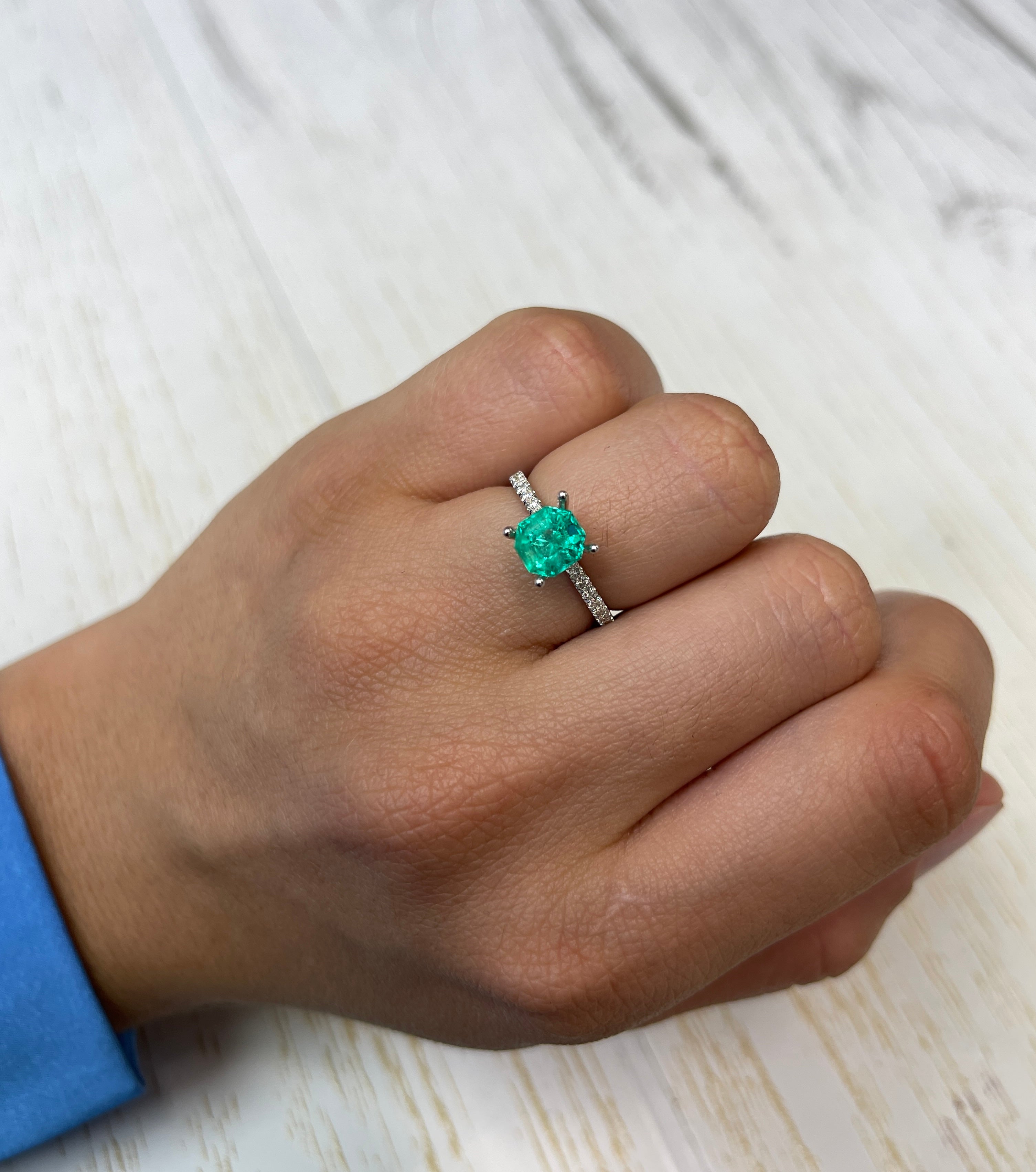 Bluish green 1.50 carat octagon cut Colombian emerald by JR Colombian Emeralds, natural and unset gemstone image.