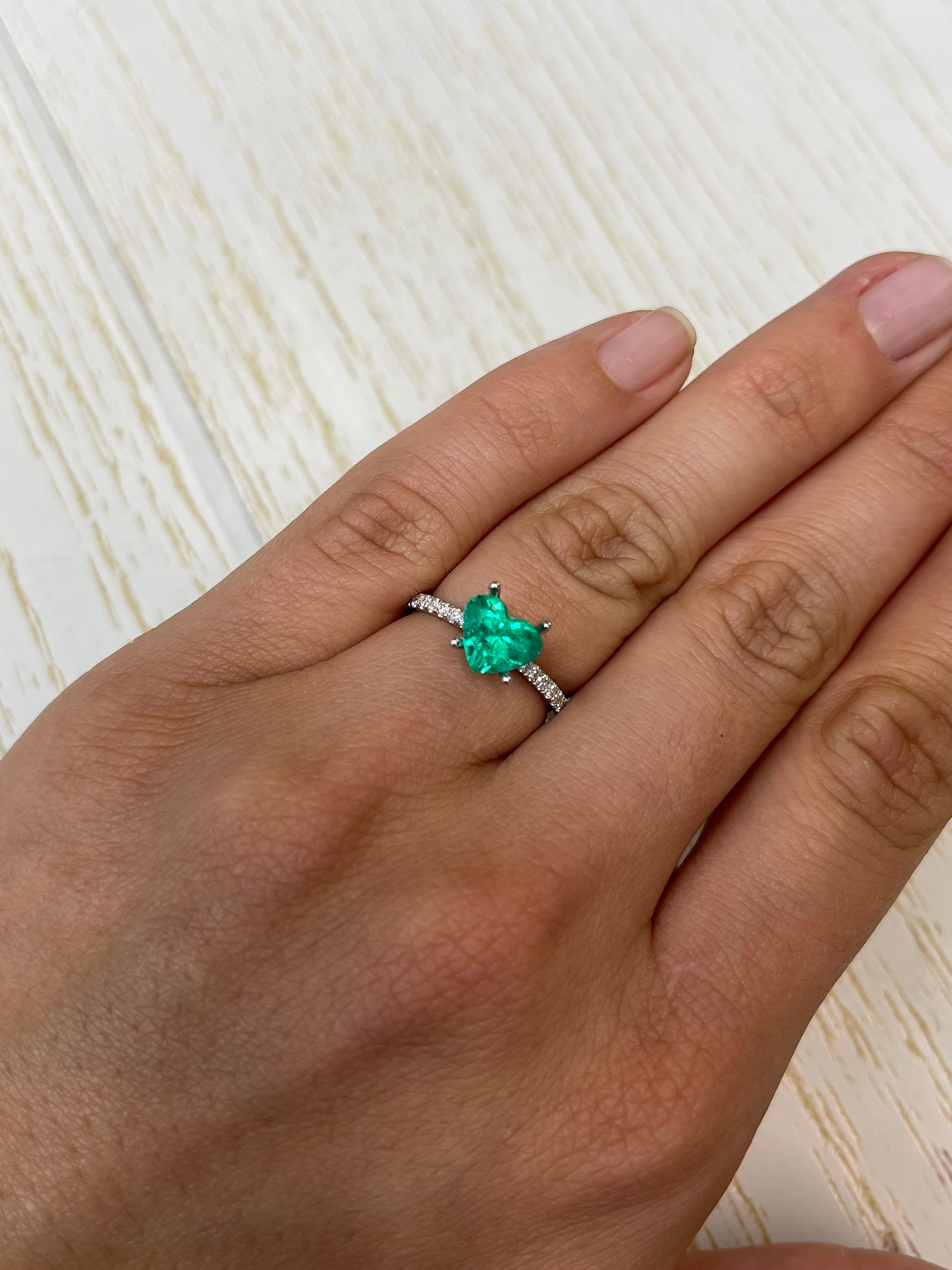 1.62 carat VS clarity green natural Colombian emerald heart-cut loose gemstone by JR Colombian Emeralds.