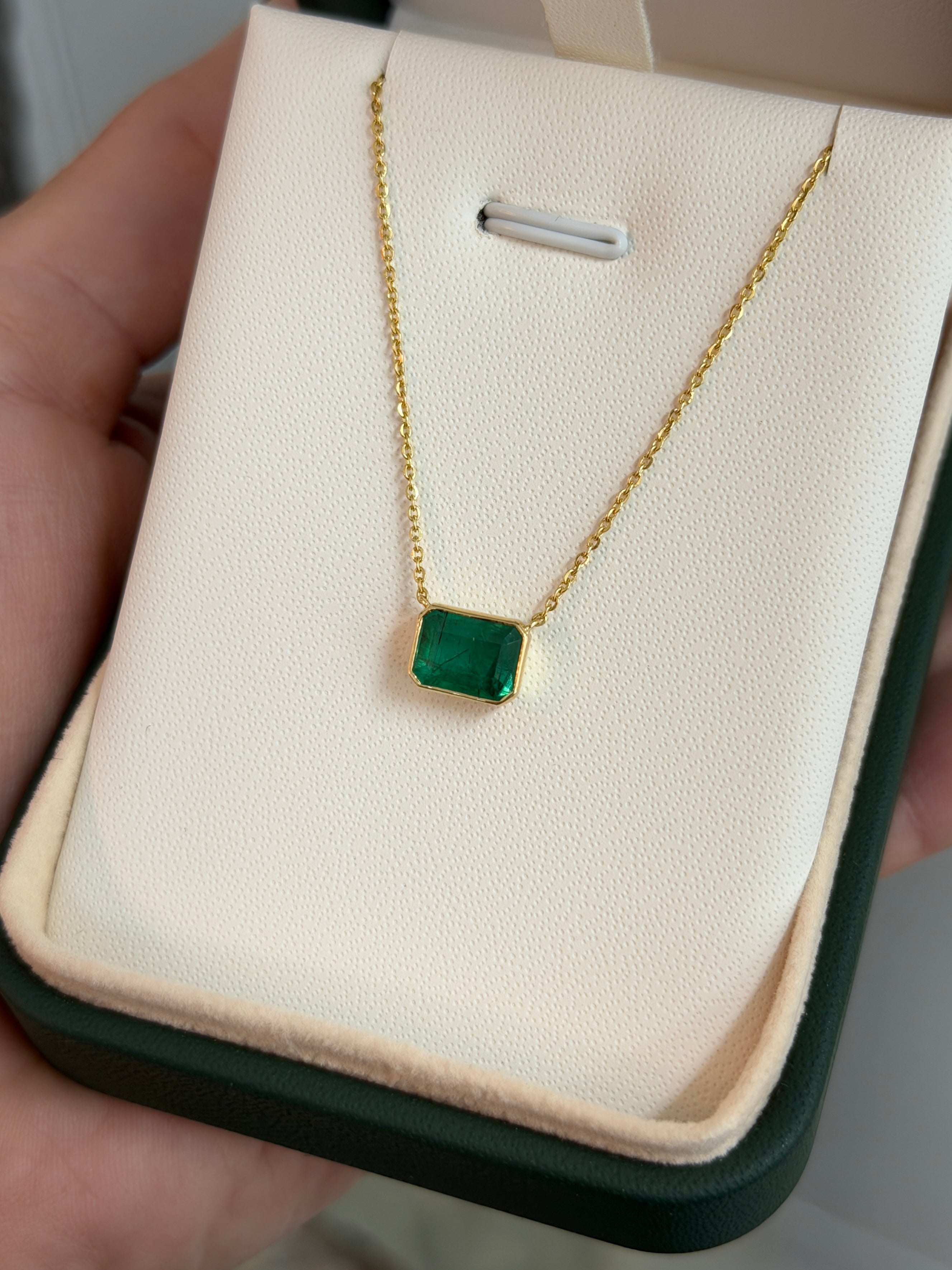 1.73 Carat East to West Bezel Set Emerald Necklace 14K Gold - JR Colombian Emeralds