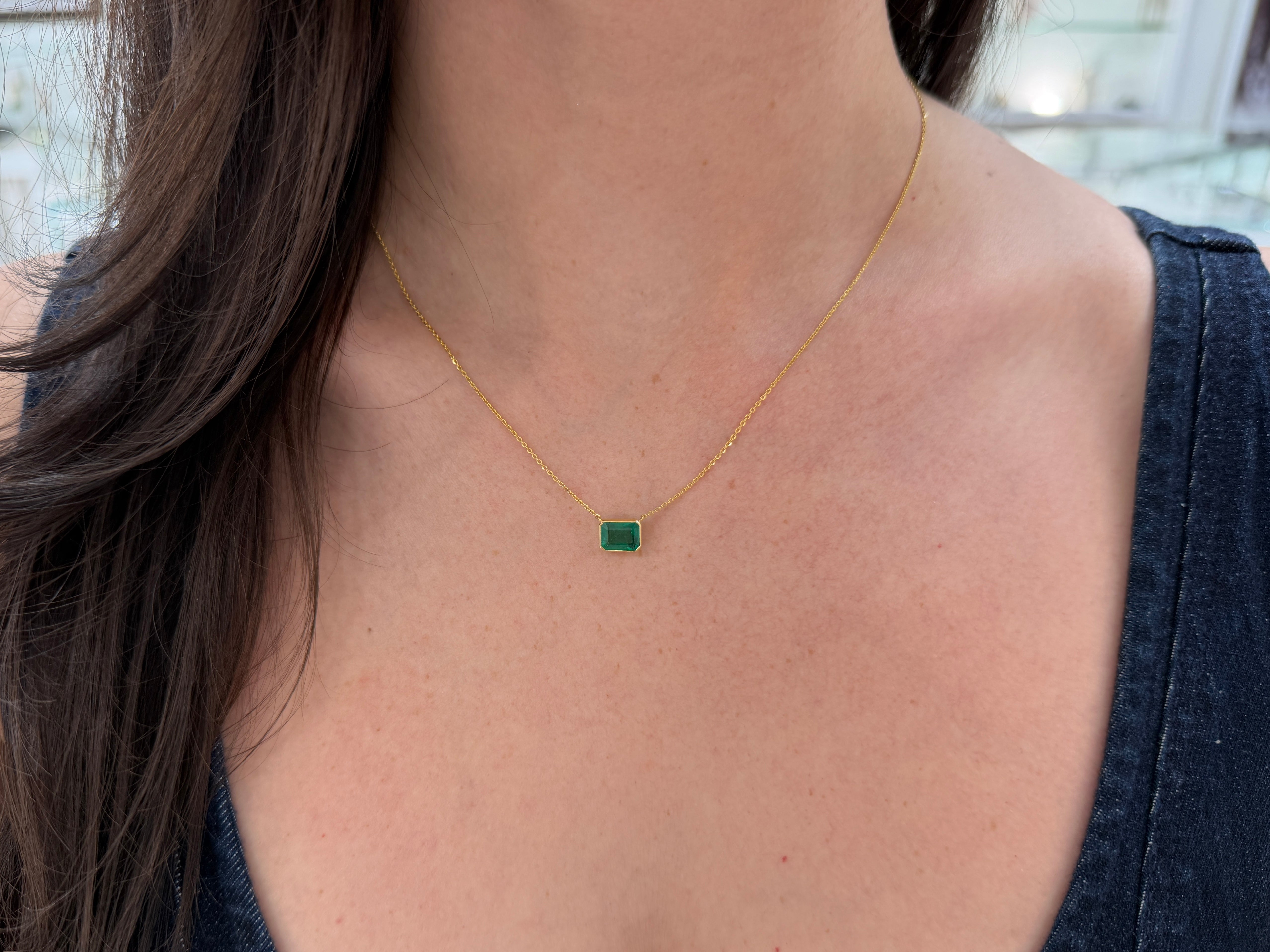1.73 Carat East to West Bezel Set Dark Green Emerald Necklace 14K Gold