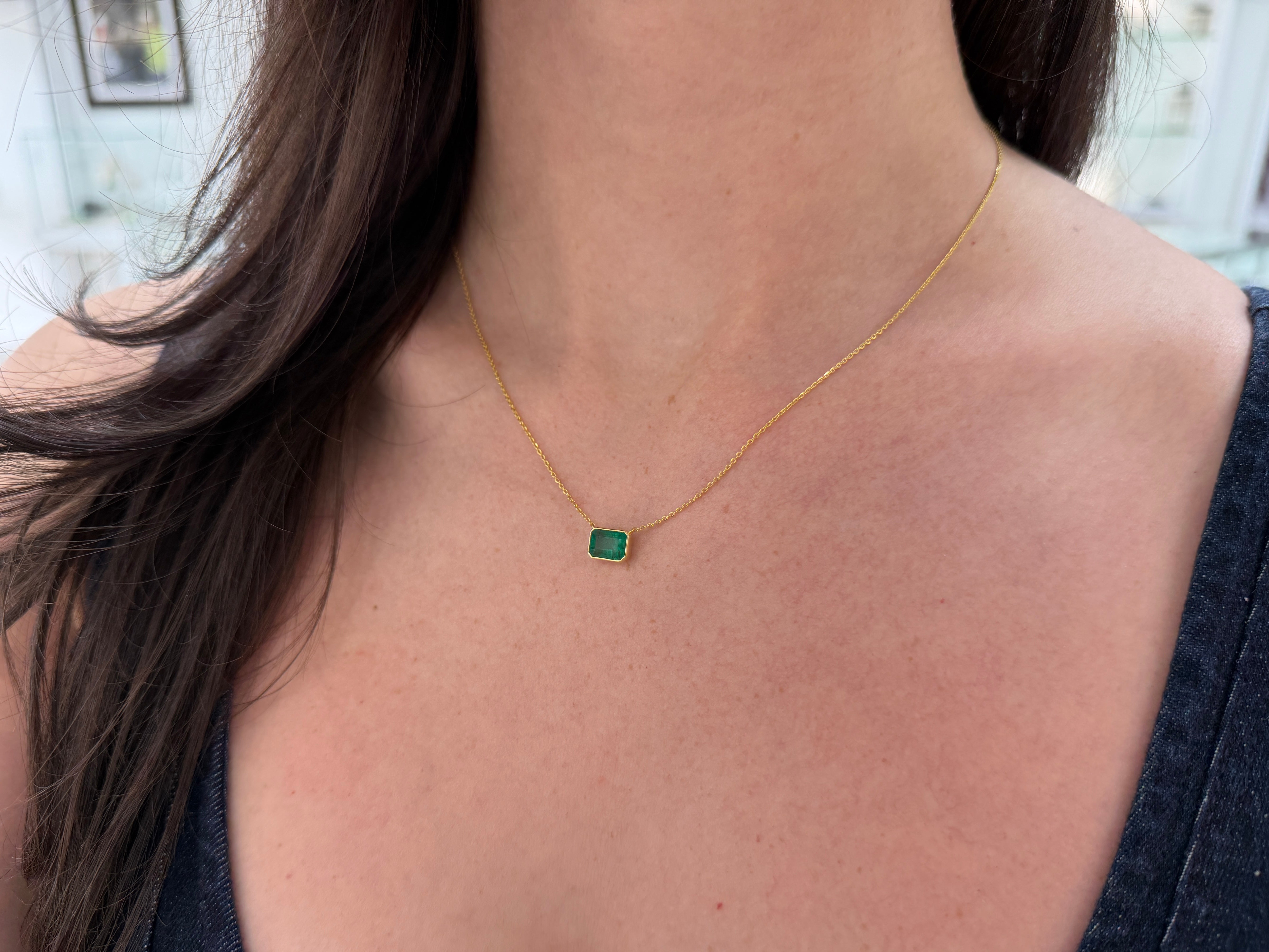 1.73 Carat East to West Bezel Set Emerald Necklace 14K Gold - JR Colombian Emeralds