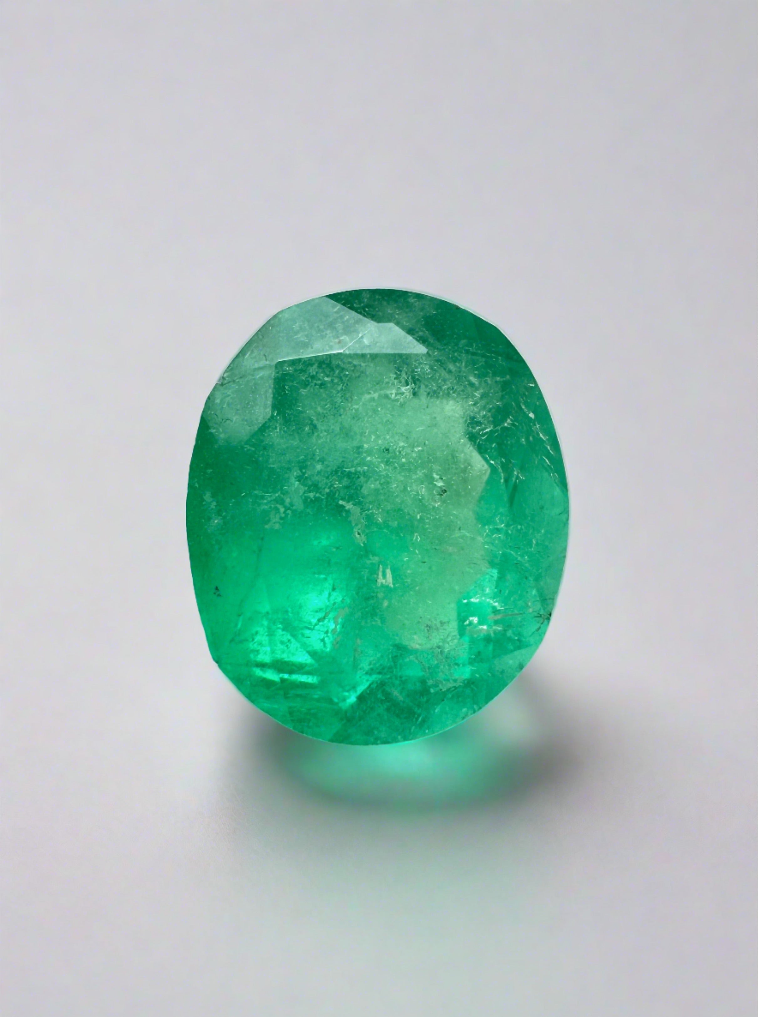 Oval cut natural Colombian emerald, 1.76 carats, chunky medium green gemstone from JR Colombian Emeralds.
