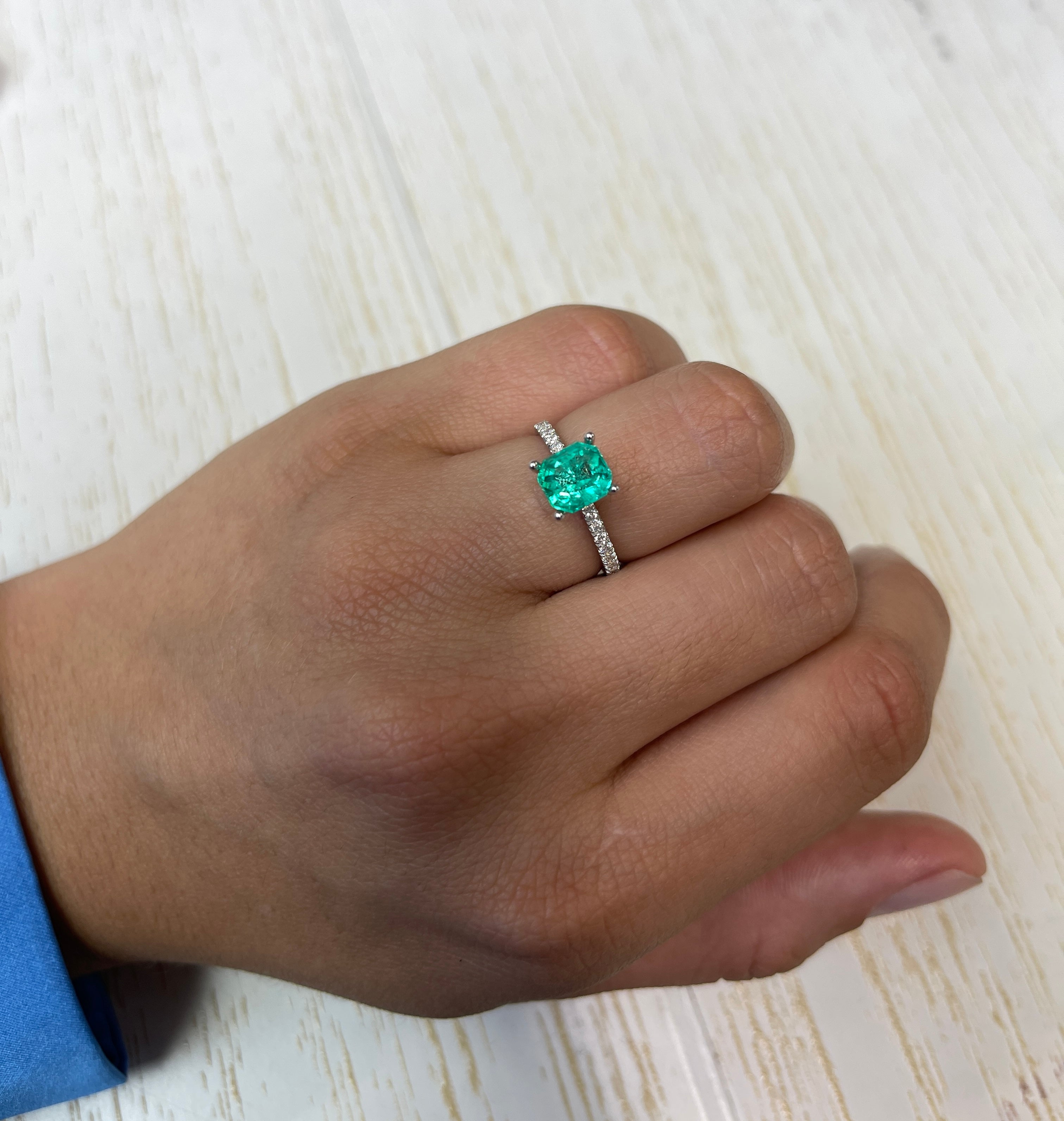 Unset 1.79 carat Colombian emerald with 7.5x7 mm Asscher cut, crystalline green, natural and unmounted from JR Colombian Emeralds.