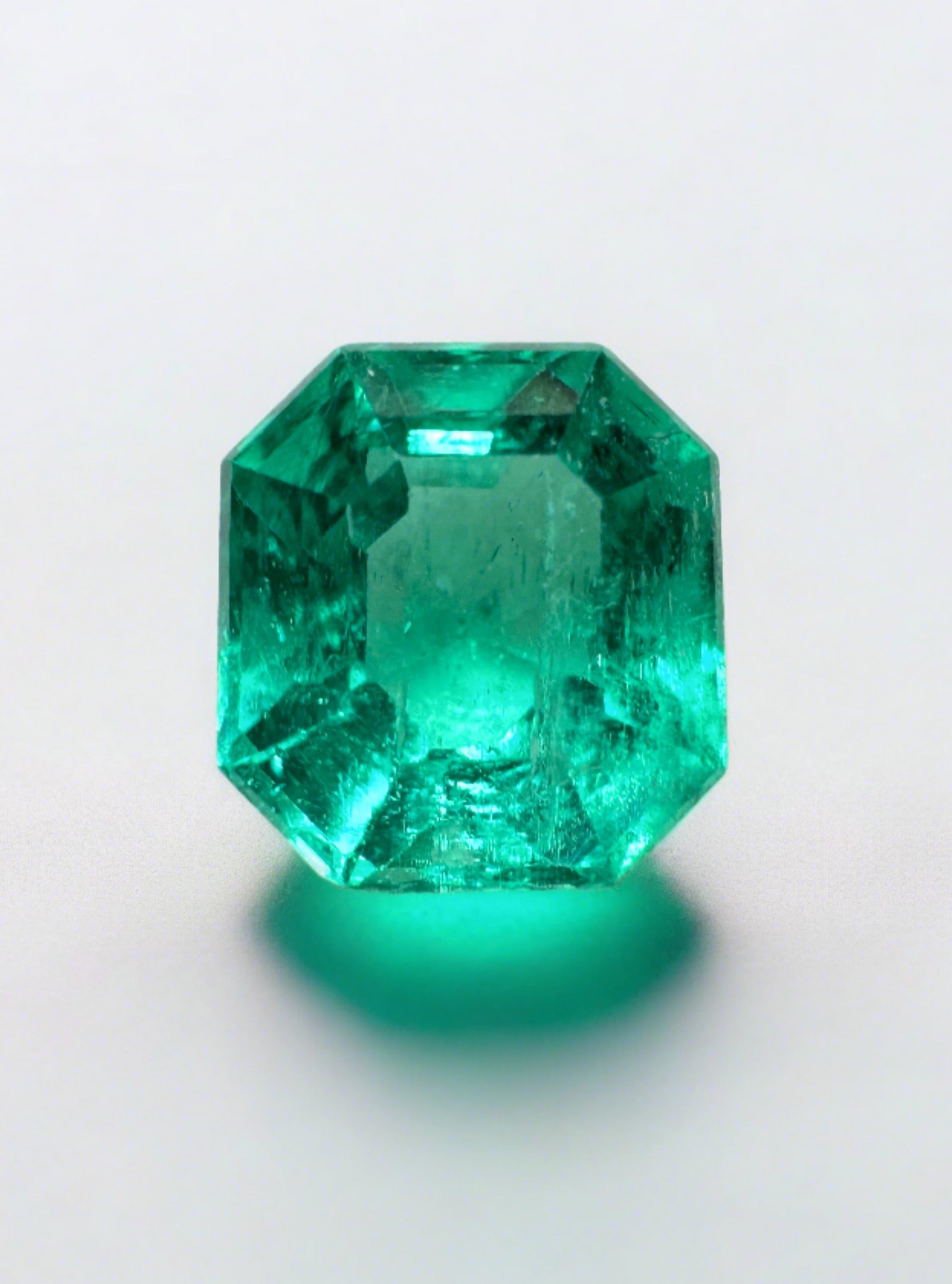 1.79 carat crystalline green Colombian emerald in Asscher cut, natural, unset, from JR Colombian Emeralds.