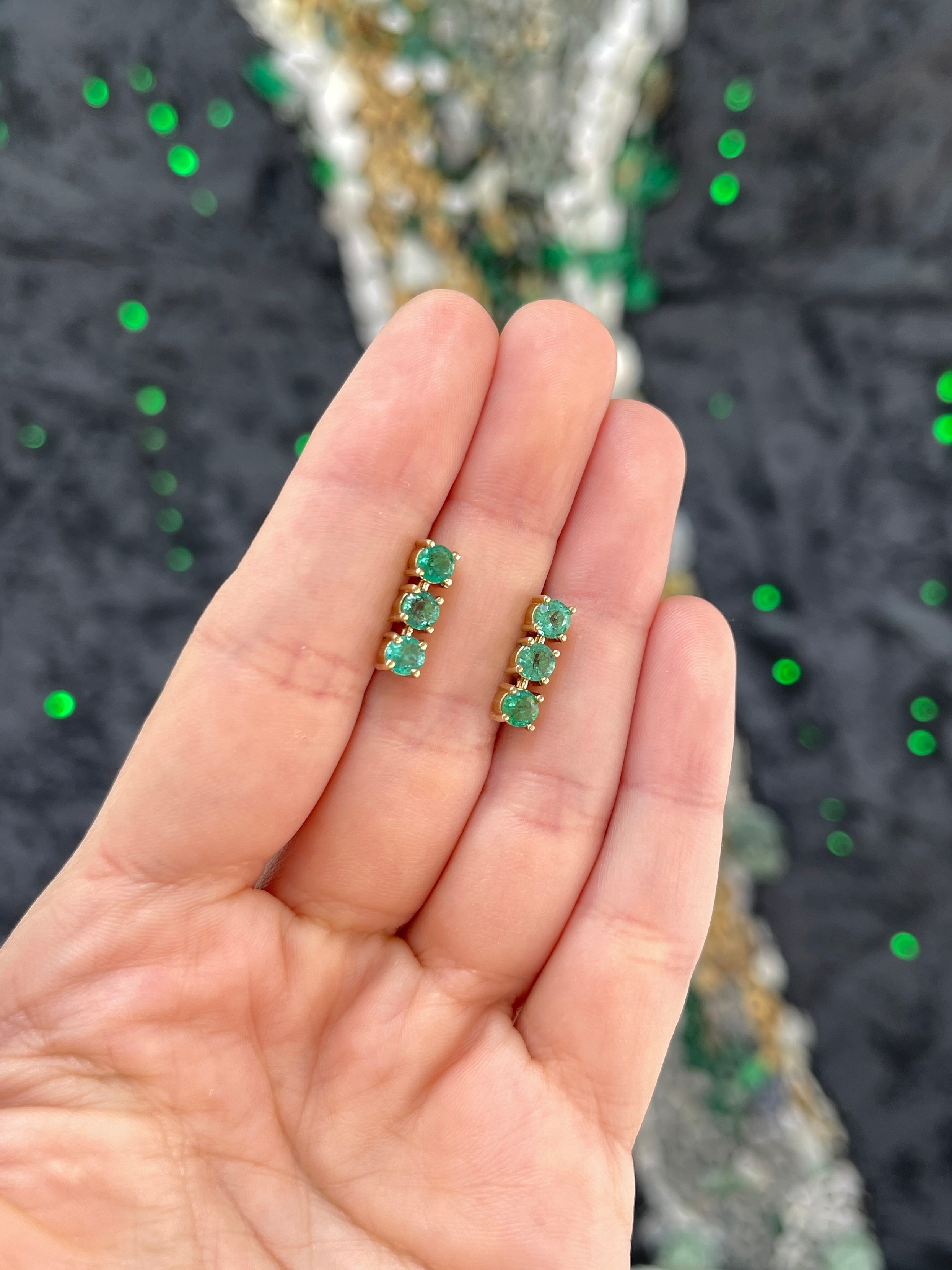 1.80TCW Earth Mined Round Emerald Drop Earrings in 14K Yellow Gold Lightweight Dangle Studs - JR Colombian Emeralds