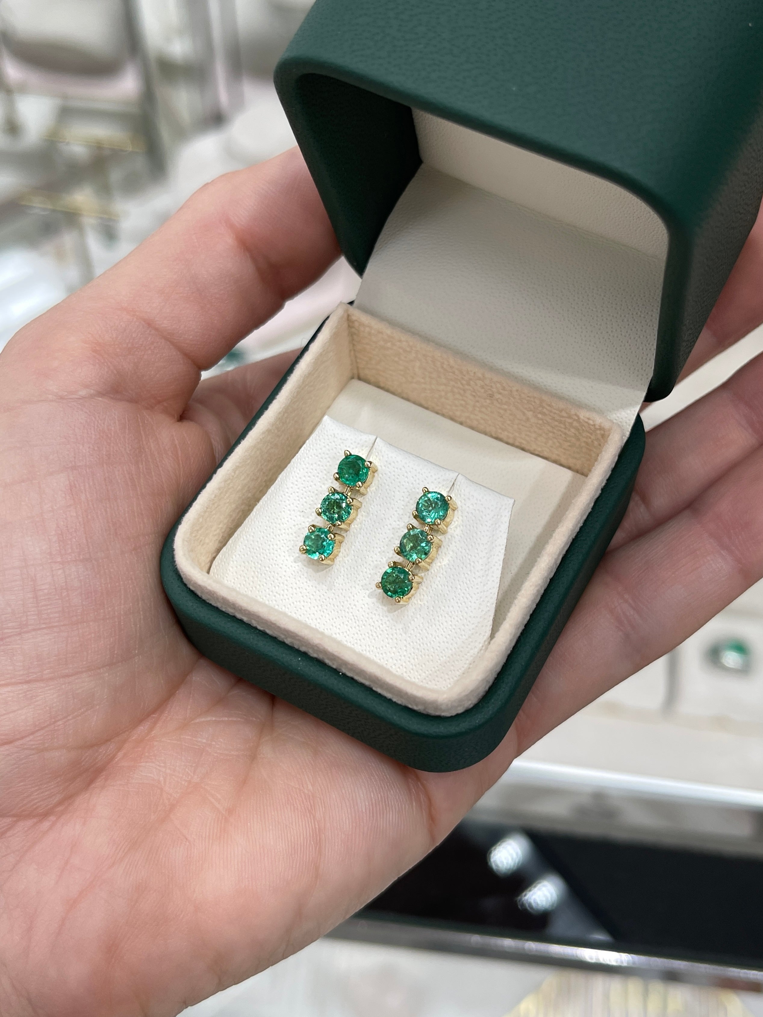 1.80TCW Earth Mined Round Emerald Drop Earrings in 14K Yellow Gold Lightweight Dangle Studs - JR Colombian Emeralds