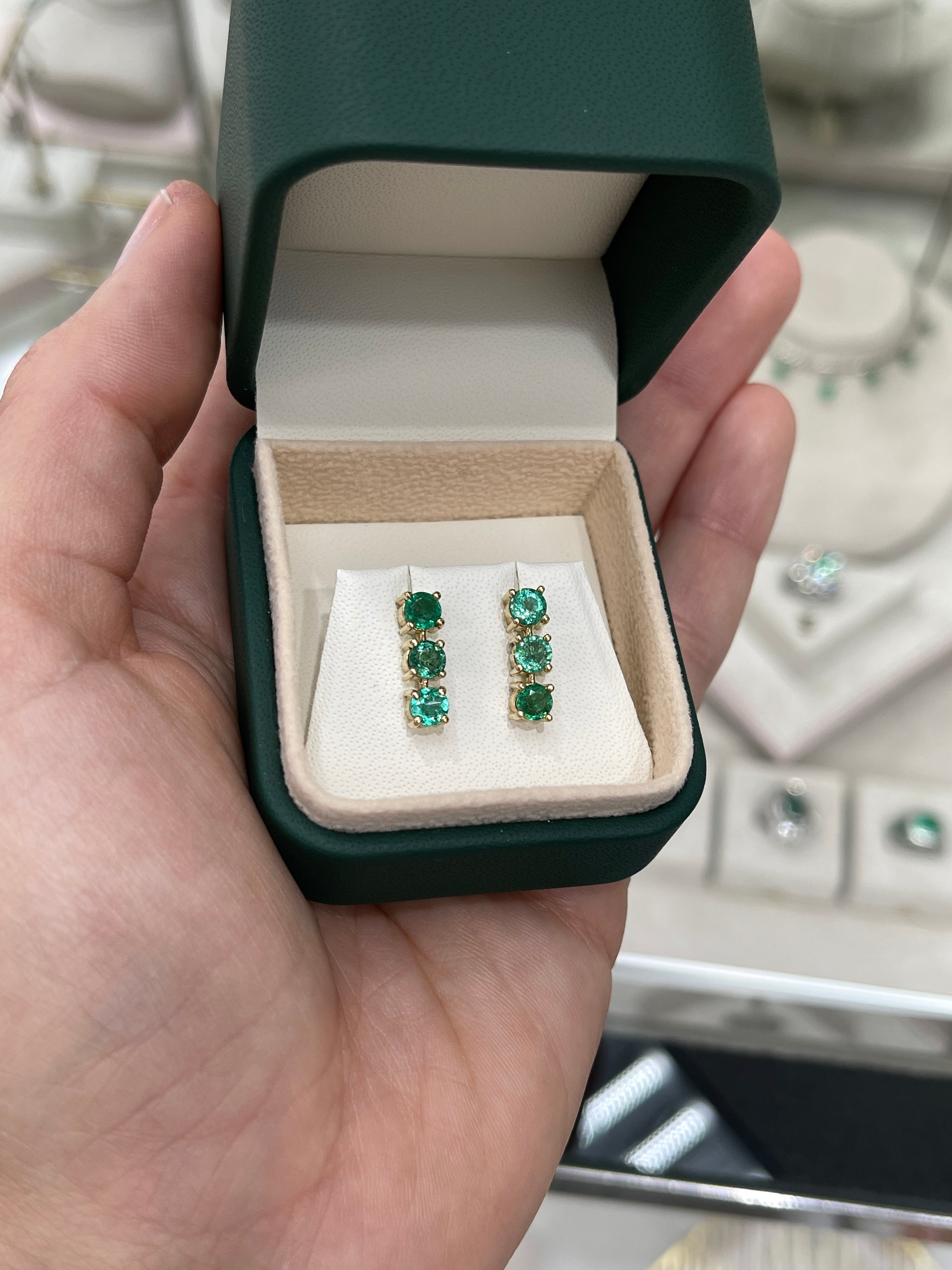 1.80TCW Earth Mined Round Emerald Drop Earrings in 14K Yellow Gold Lightweight Dangle Studs - JR Colombian Emeralds