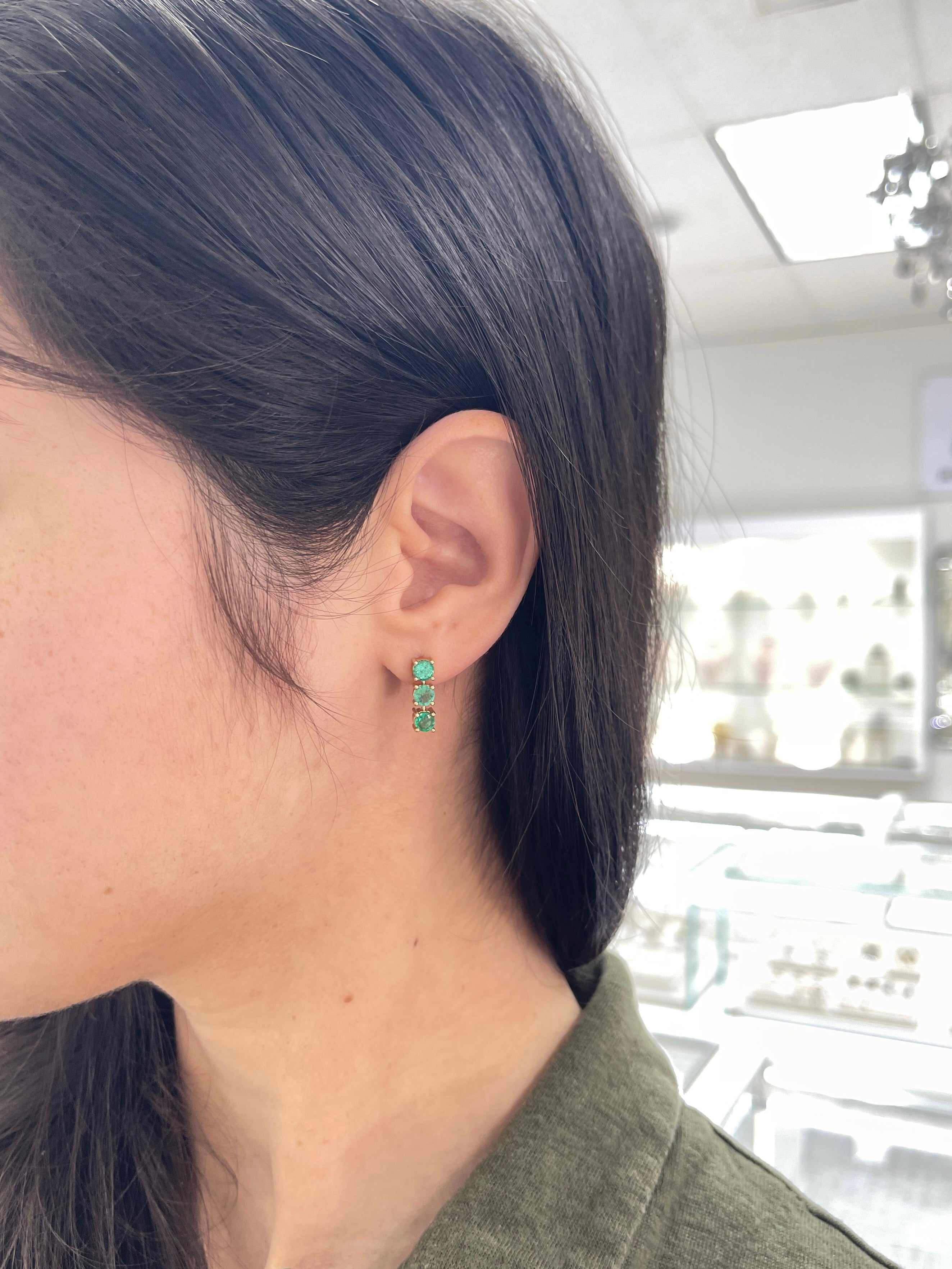 1.80TCW Earth Mined Round Emerald Drop Earrings in 14K Yellow Gold Lightweight Dangle Studs - JR Colombian Emeralds