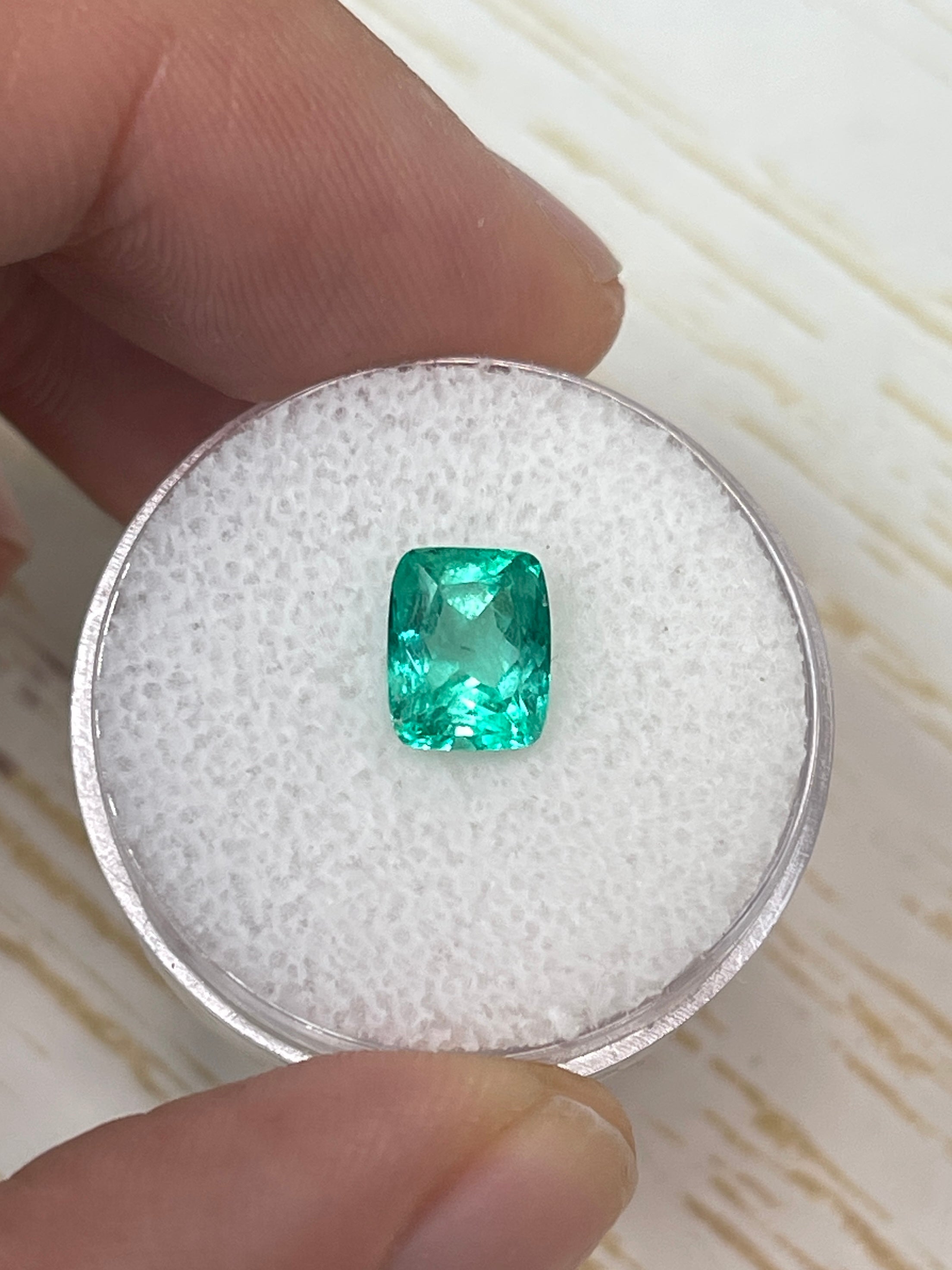 1.81 carat VVS green Colombian emerald loose gemstone, elongated cushion cut from JR Colombian Emeralds.