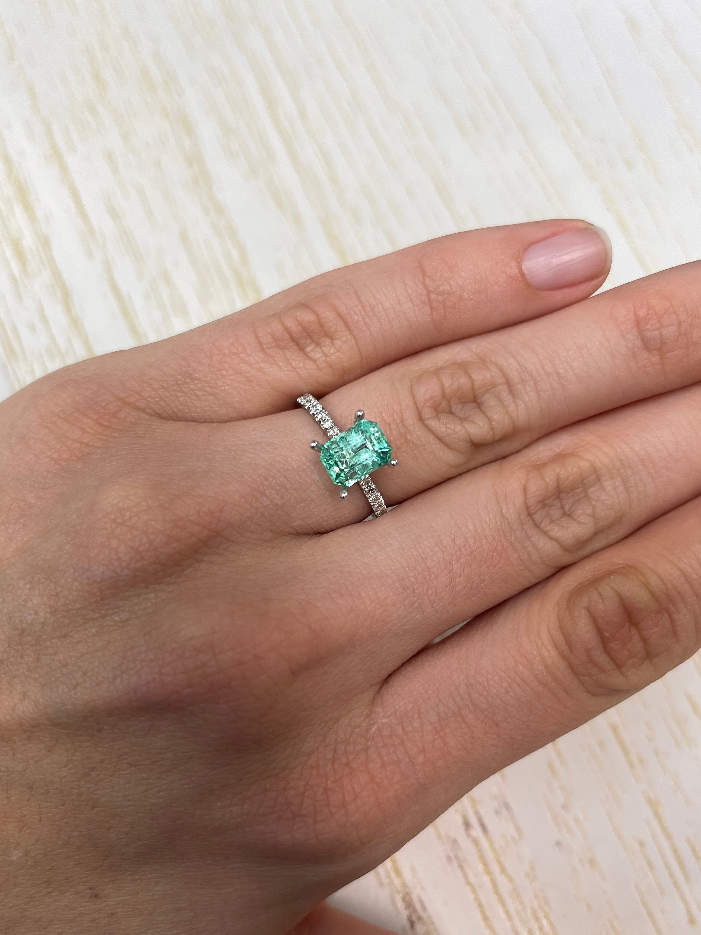 1.91 carat natural Colombian emerald loose gemstone, emerald cut, vibrant green, ideal size, from JR Colombian Emeralds.