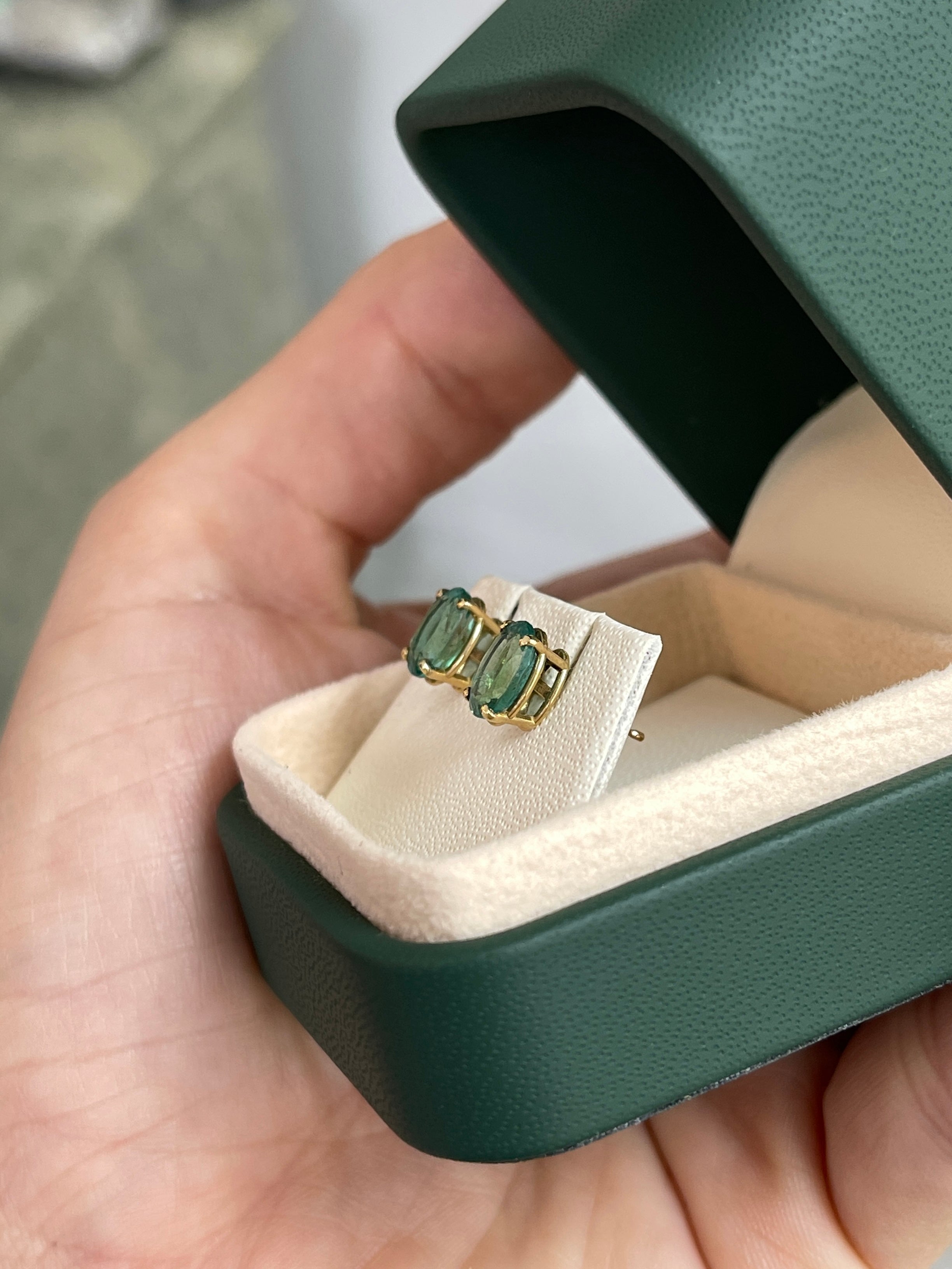 1.95tcw Natural Bluish Green Oval Classic Stud Earrings 14K Yellow Gold - JR Colombian Emeralds