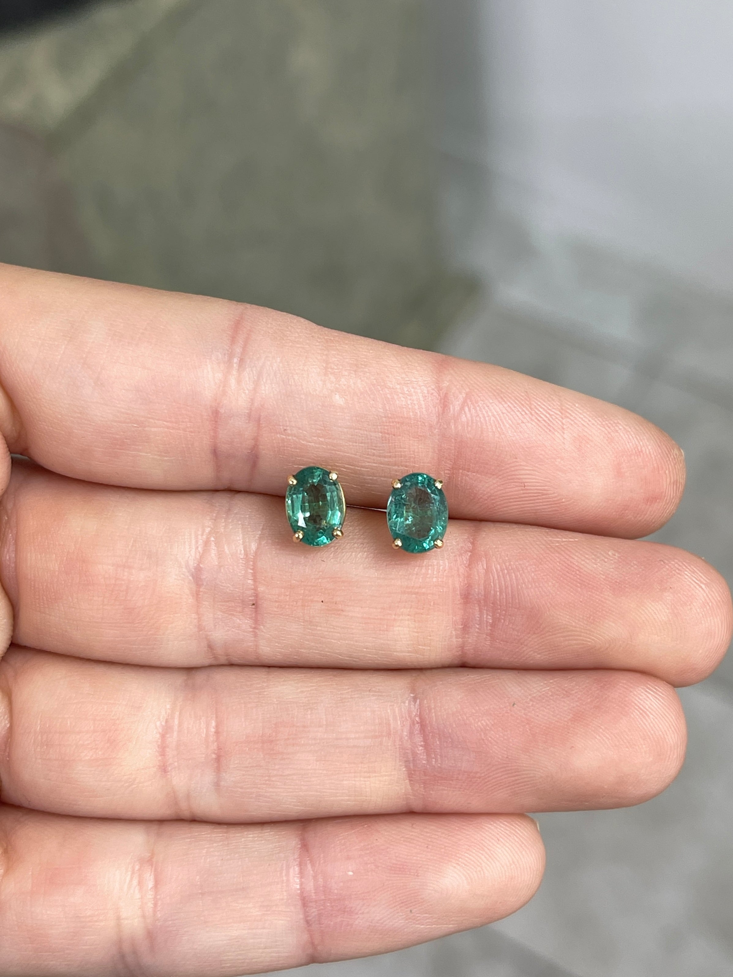 1.95tcw Natural Bluish Green Oval Classic Stud Earrings 14K Yellow Gold - JR Colombian Emeralds