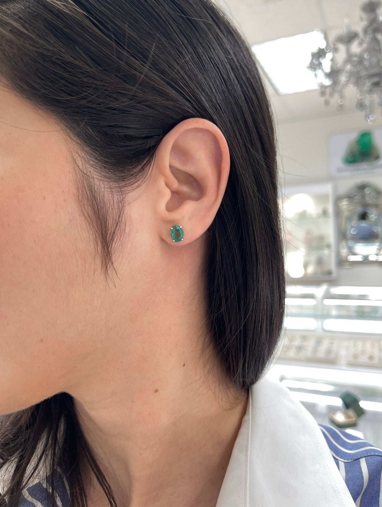 1.95tcw Natural Bluish Green Oval Classic Stud Earrings 14K Yellow Gold - JR Colombian Emeralds