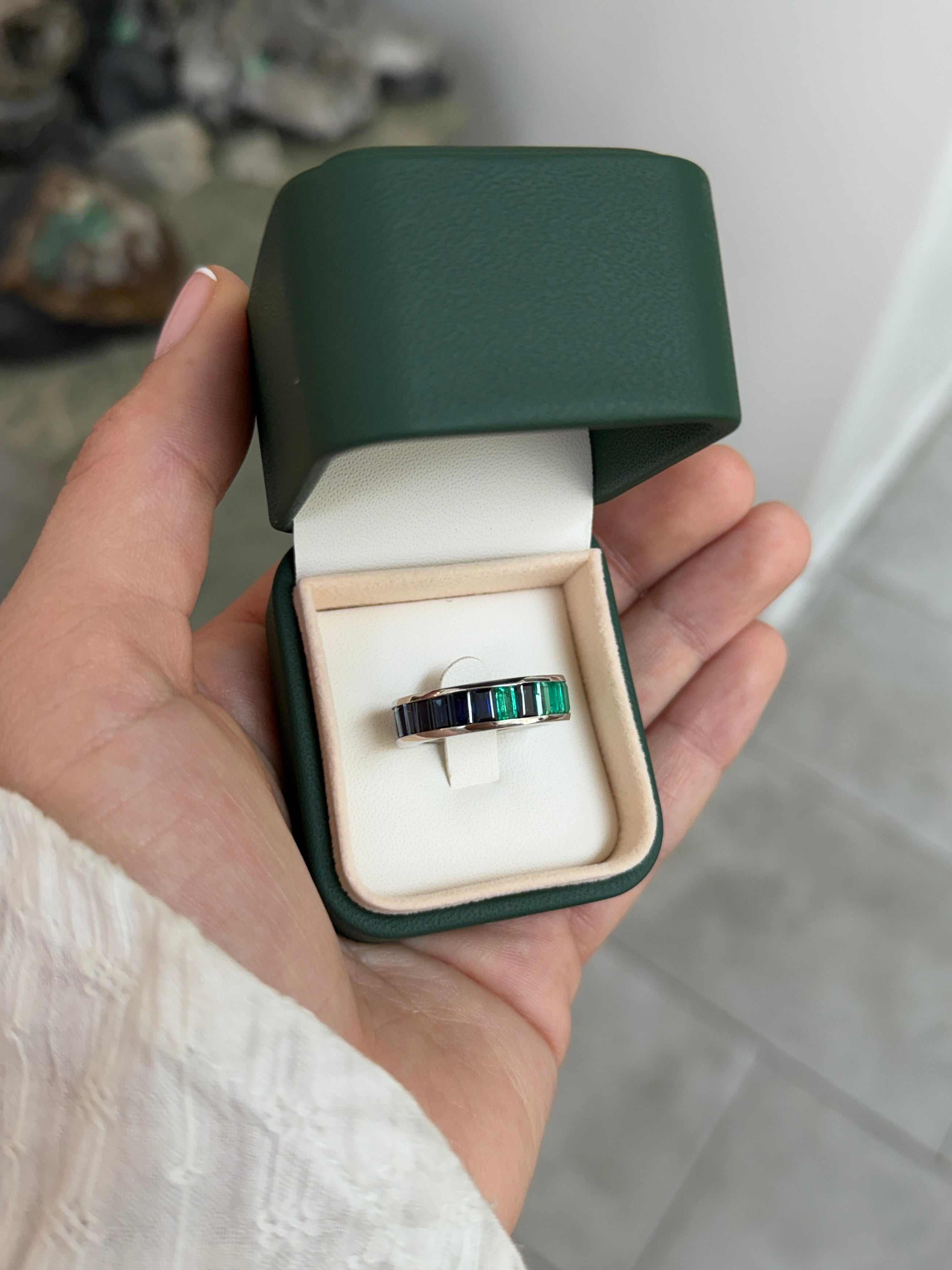 Platinum eternity band with 10.05tcw Colombian emeralds and blue sapphires, channel set, size 7, by JR Colombian Emeralds.