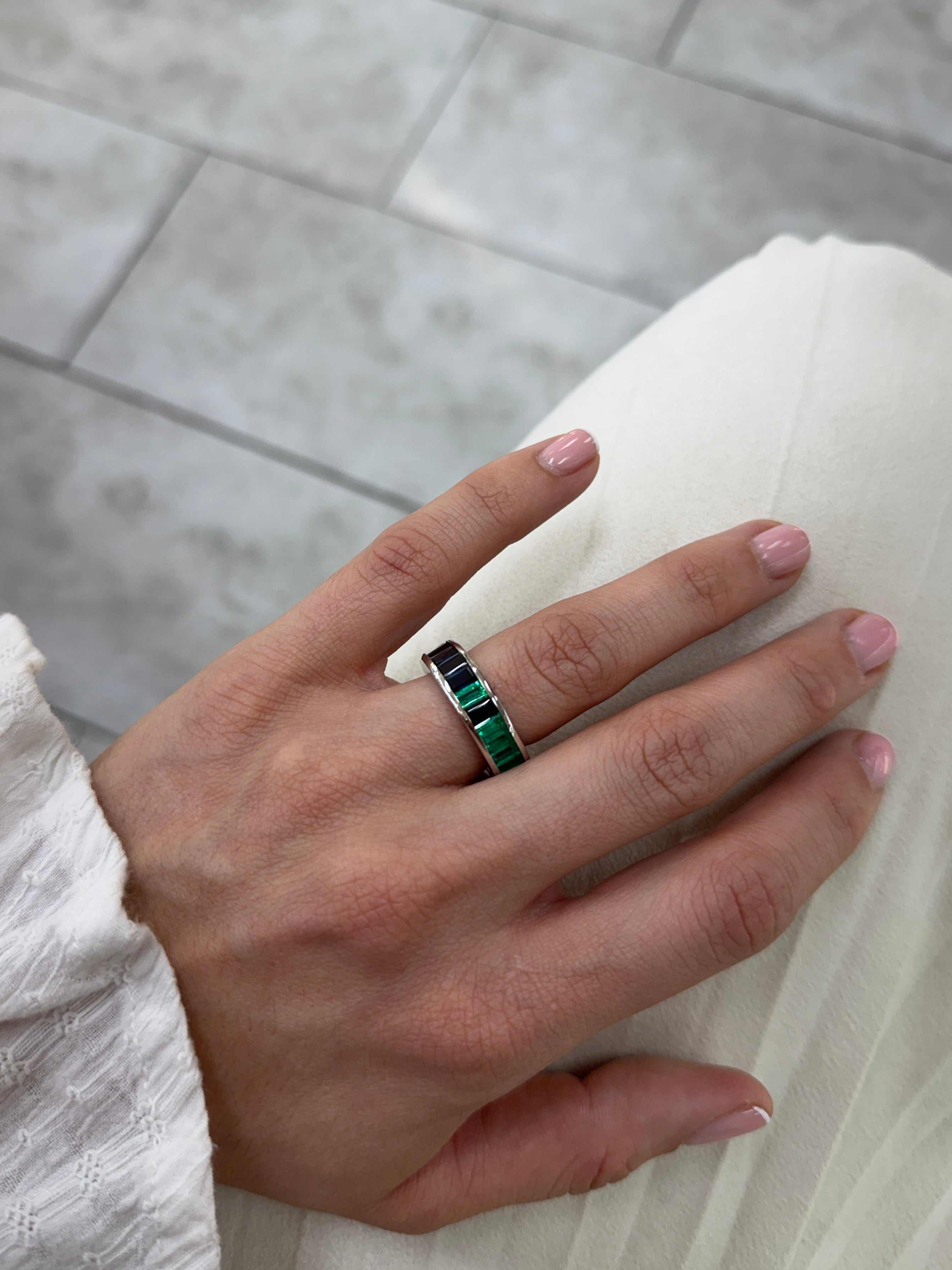 Platinum eternity band with 10.05tcw Colombian emerald and blue sapphire baguette stones, size 7, by JR Colombian Emeralds.