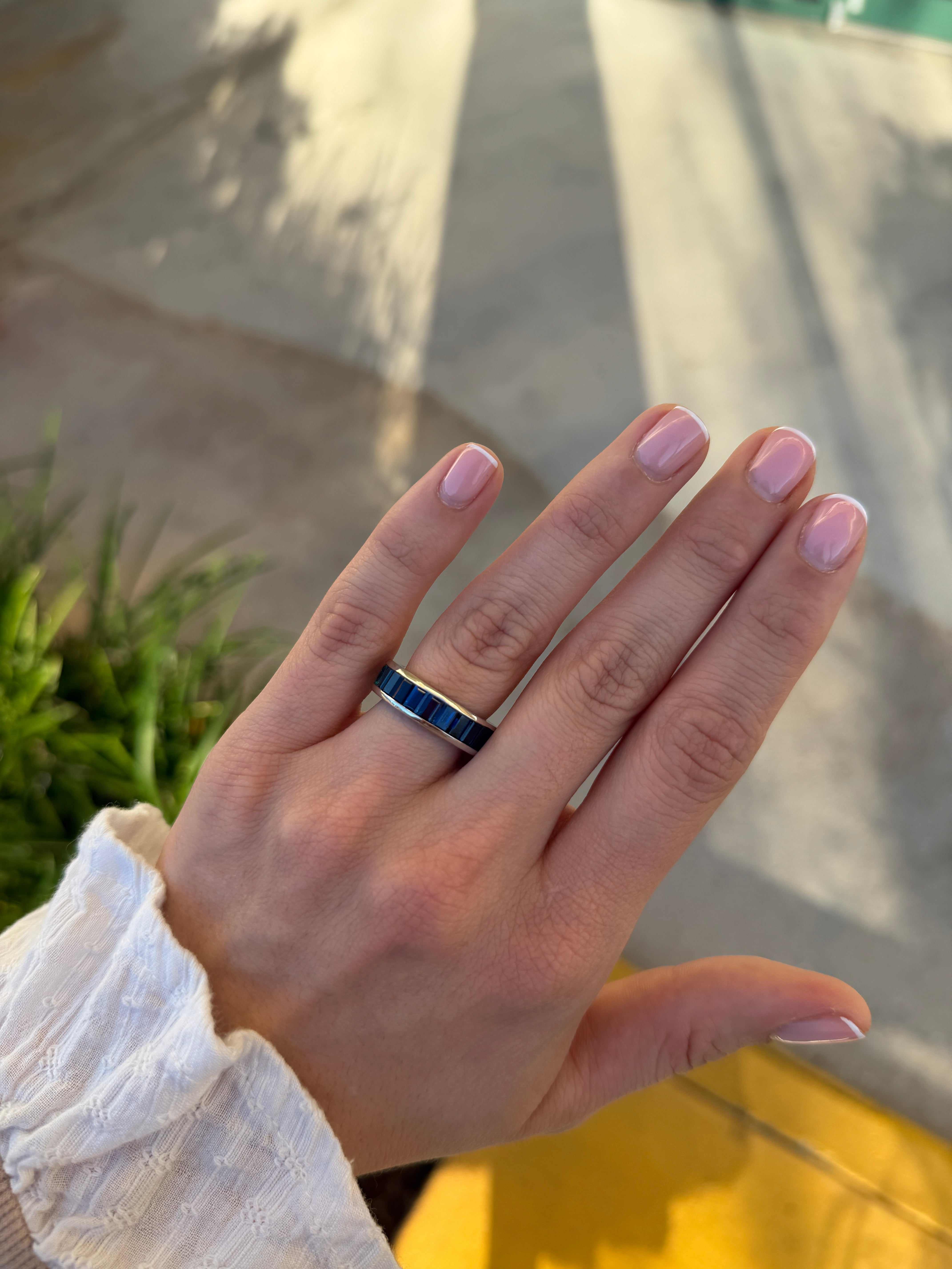 Platinum eternity band with 10.05tcw Colombian emeralds and blue sapphires, channel set, size 7, by JR Colombian Emeralds.