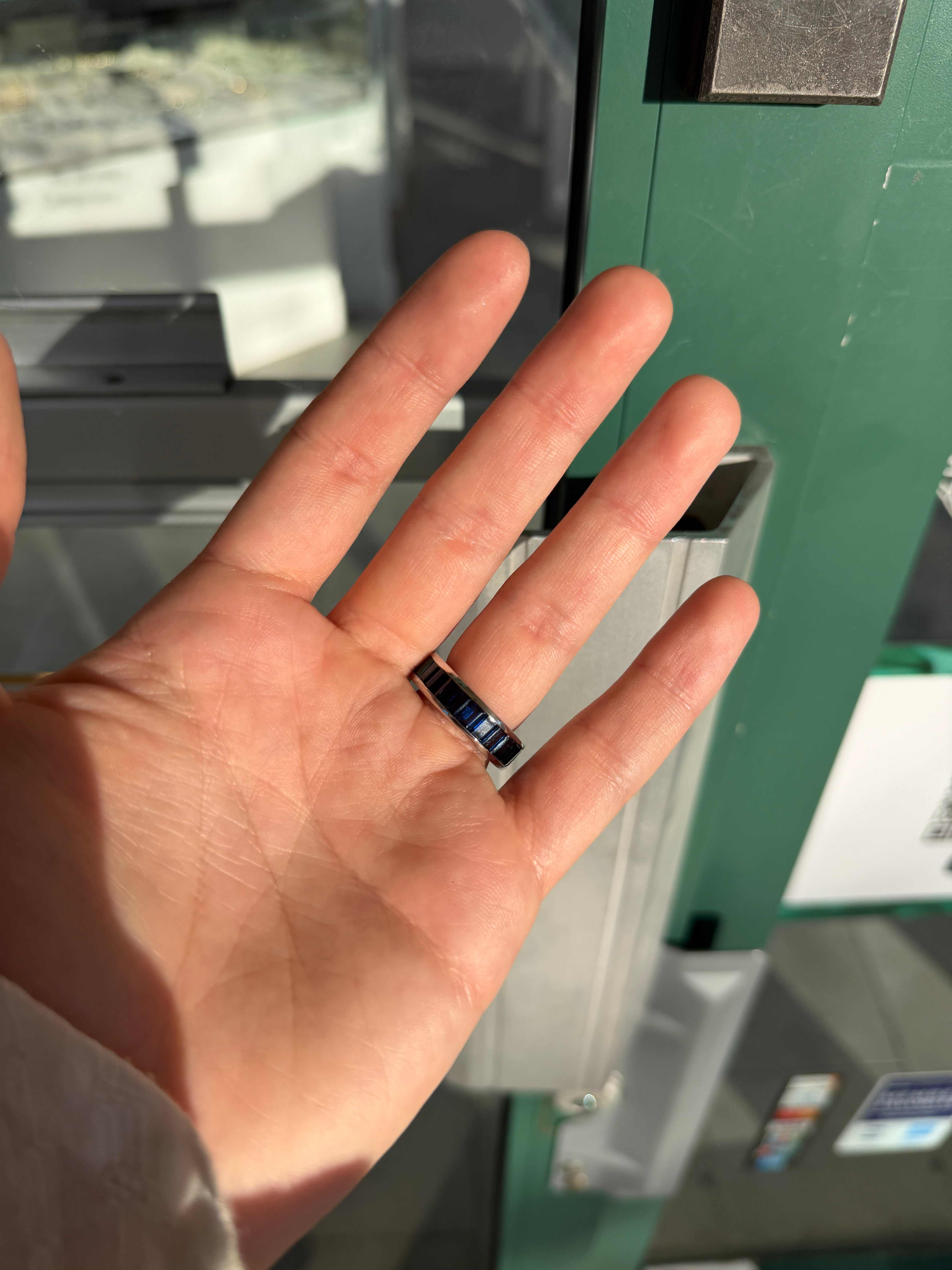 Platinum eternity band with 10.05tcw Colombian emeralds and blue sapphires, channel set, size 7, by JR Colombian Emeralds.