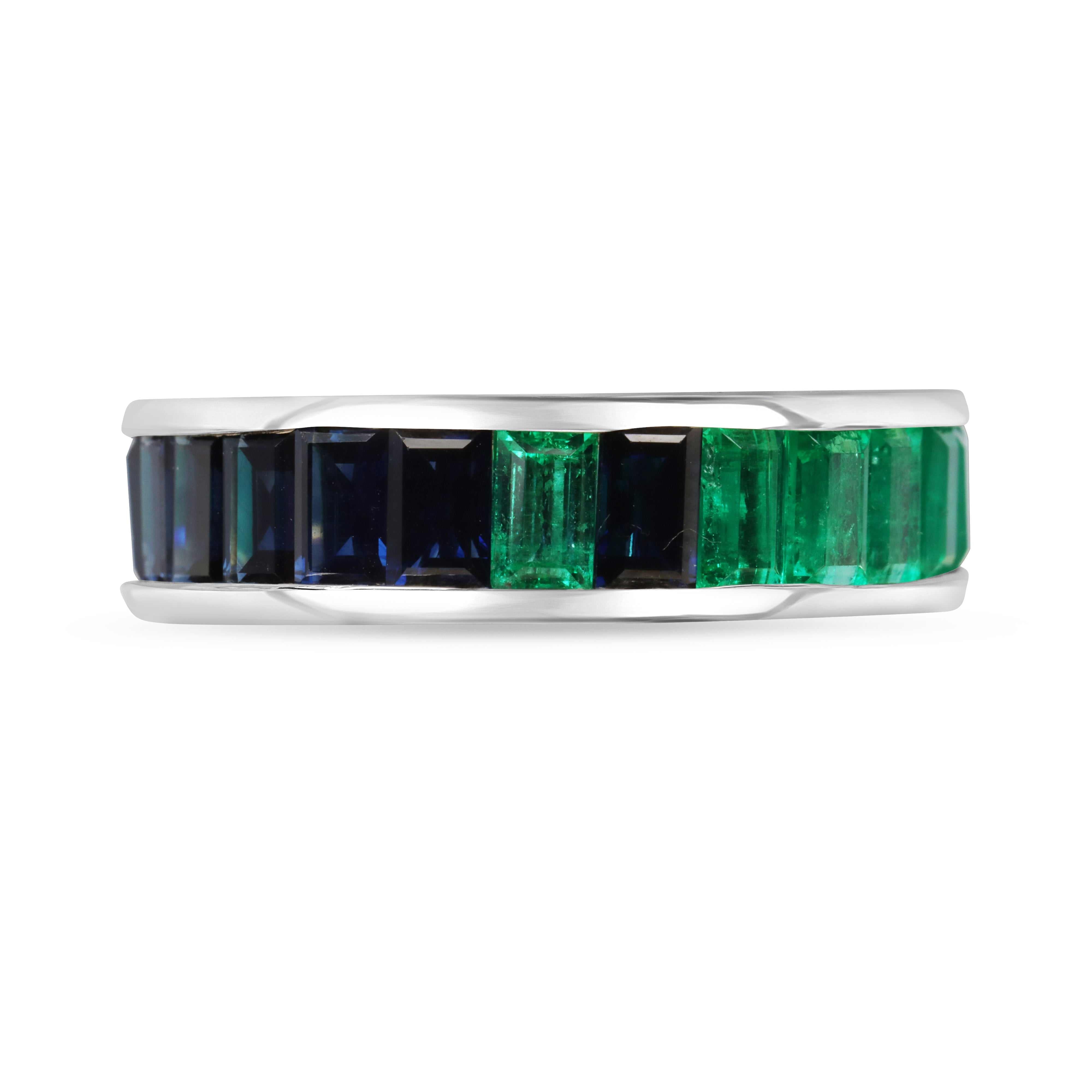 Platinum eternity band with 10.05tcw Colombian emerald and blue sapphire baguette gemstones, size 7, by JR Colombian Emeralds.