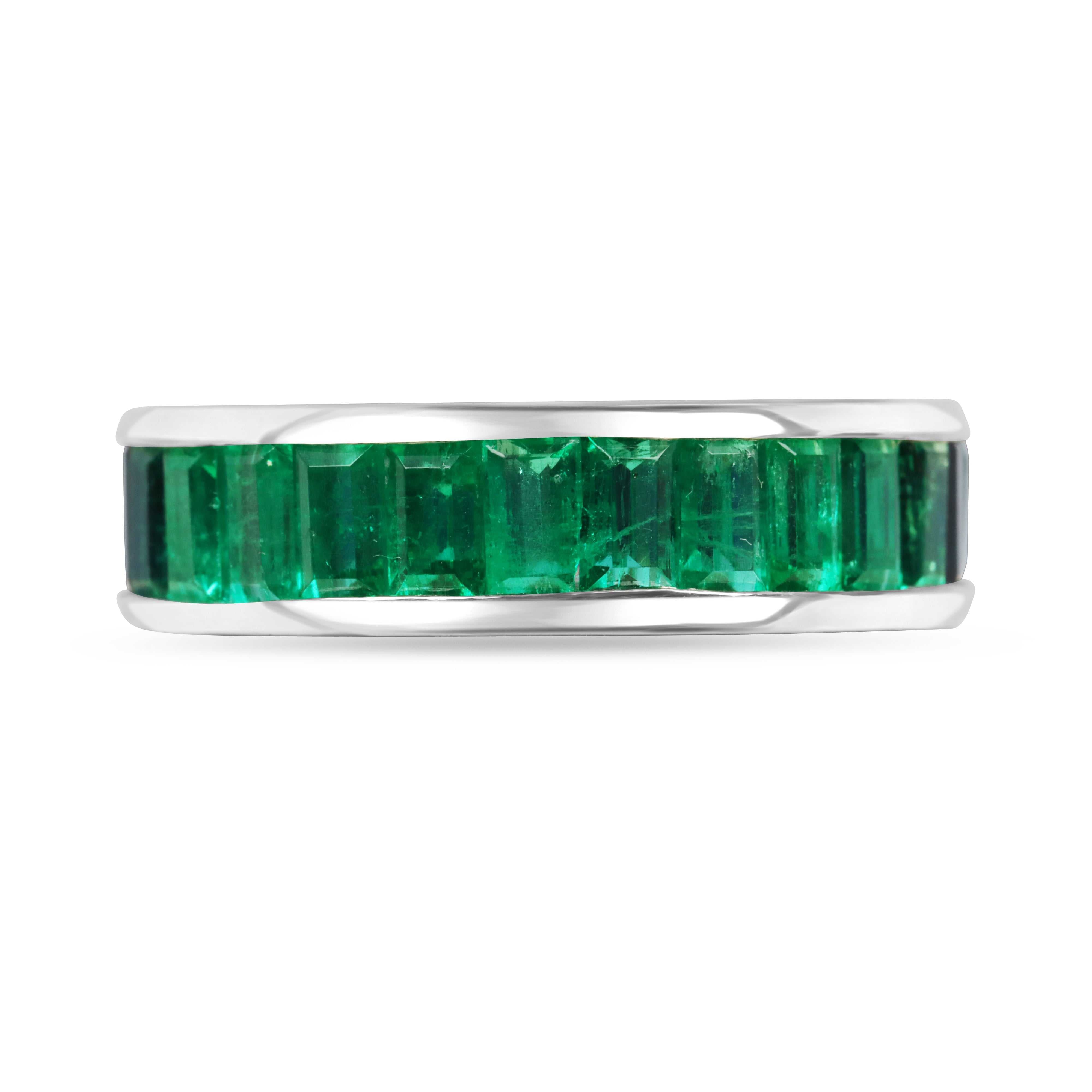 Platinum eternity band with 10.05tcw Colombian emeralds and blue sapphires, channel set, size 7, by JR Colombian Emeralds.