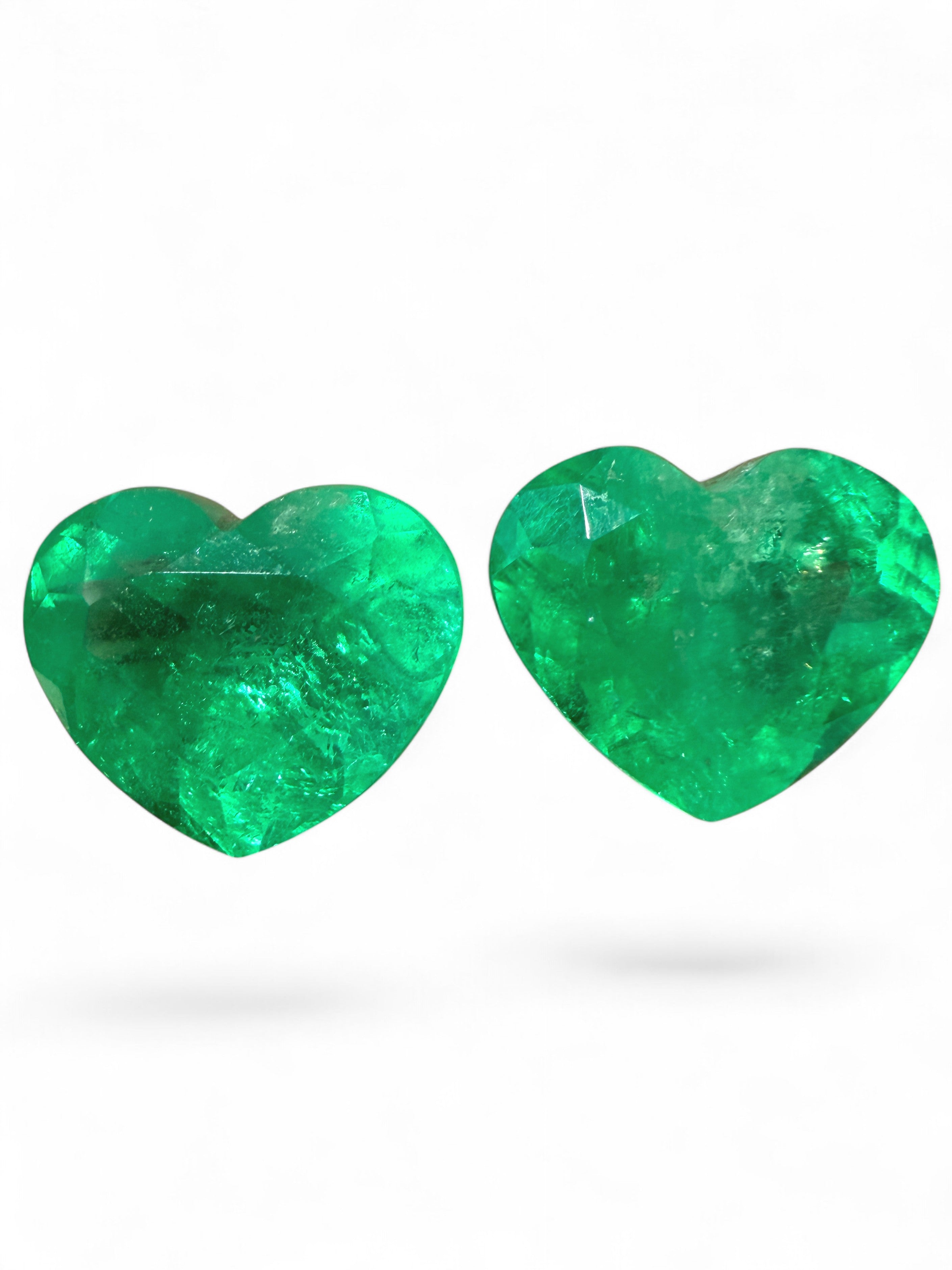 11.70tcw 11x13 Matching Emerald Hearts Yellowish Green Natural Colombian Emeralds