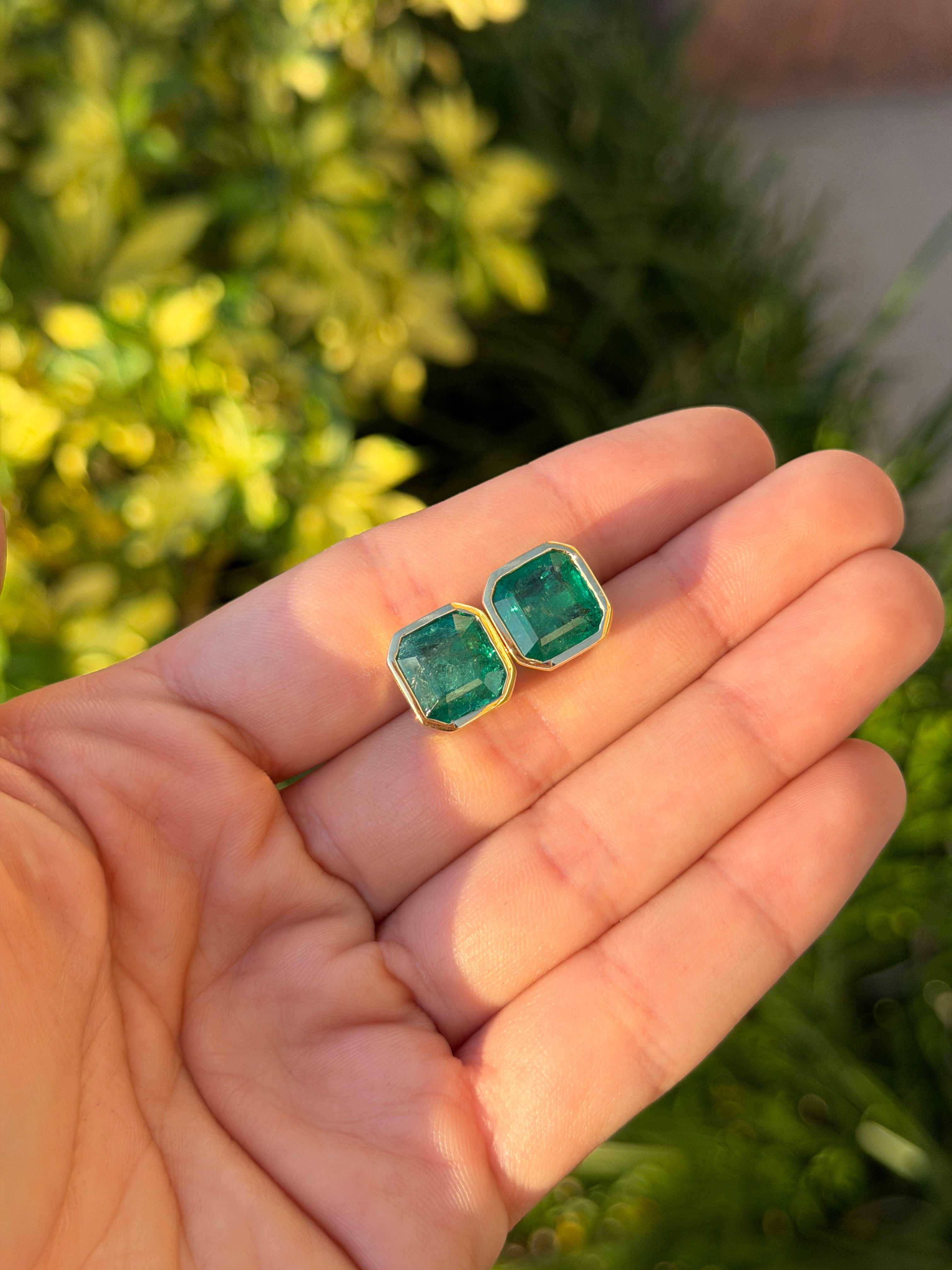 11.95tcw XL Asscher Cut Emerald Bezel Earrings 18K