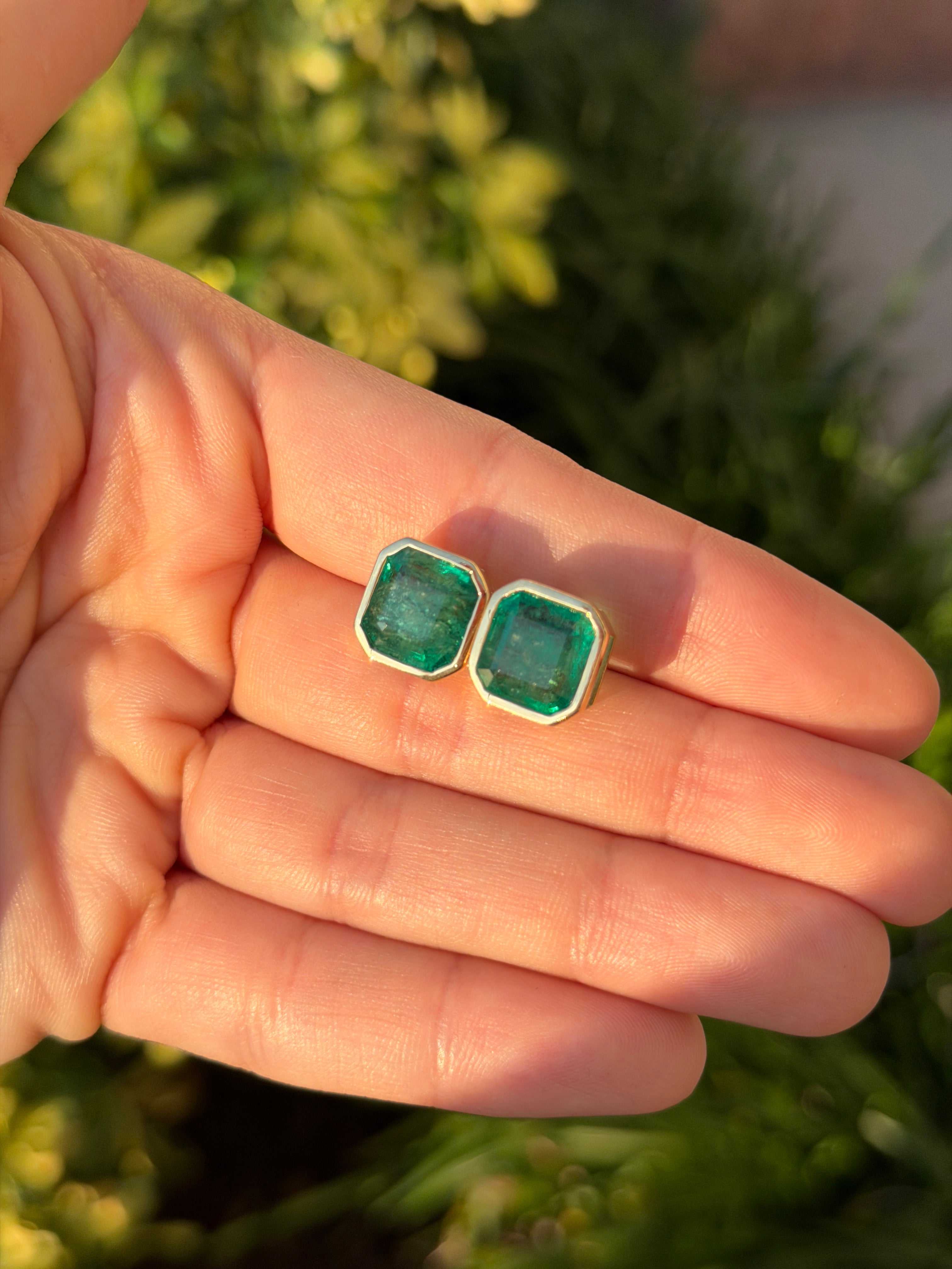 11.95tcw XL Asscher Cut Emerald Bezel Earrings 18K