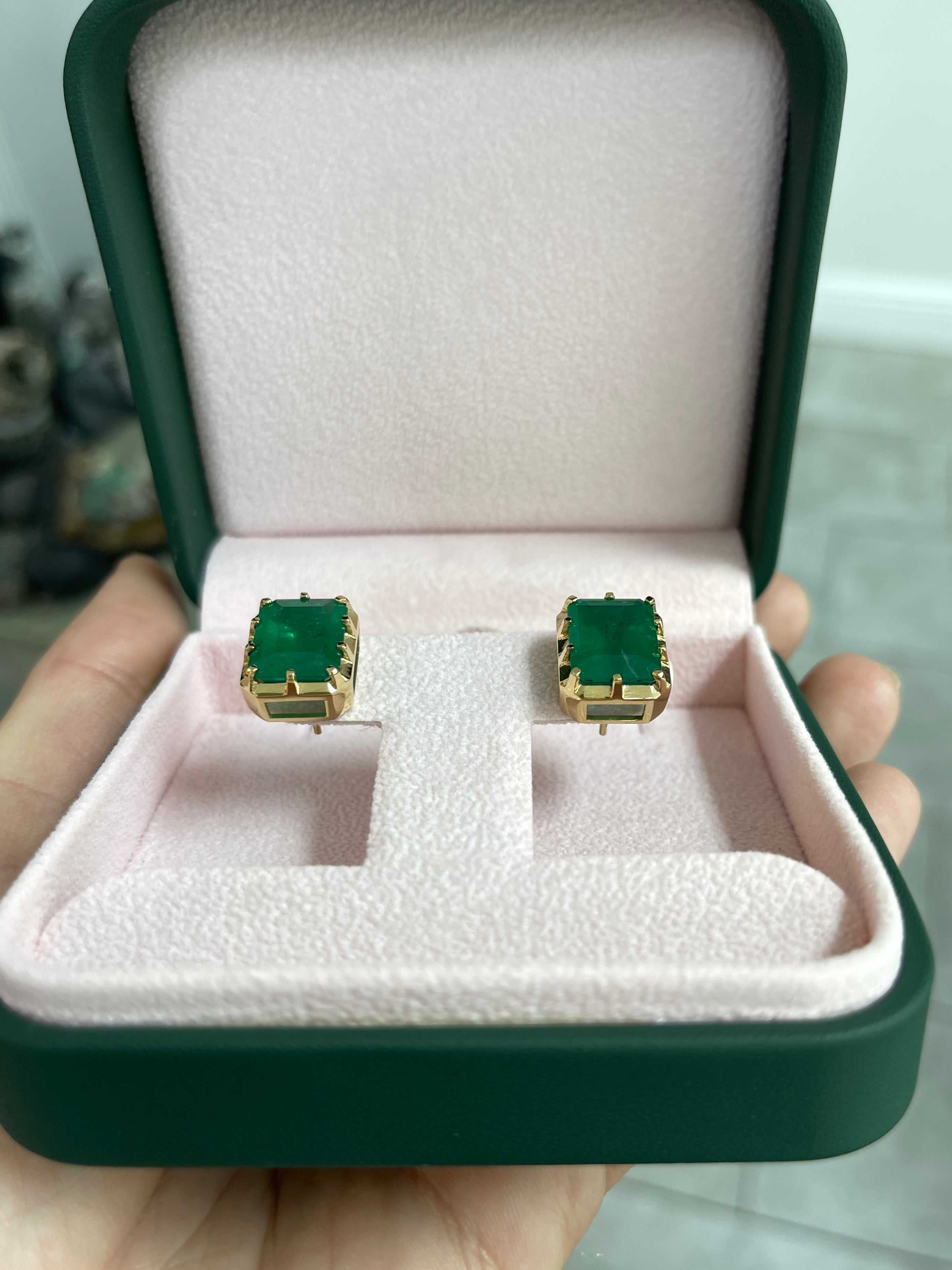 13.90tcw Zambian Emerald Multi Prong 18K Statement Studs - JR Colombian Emeralds