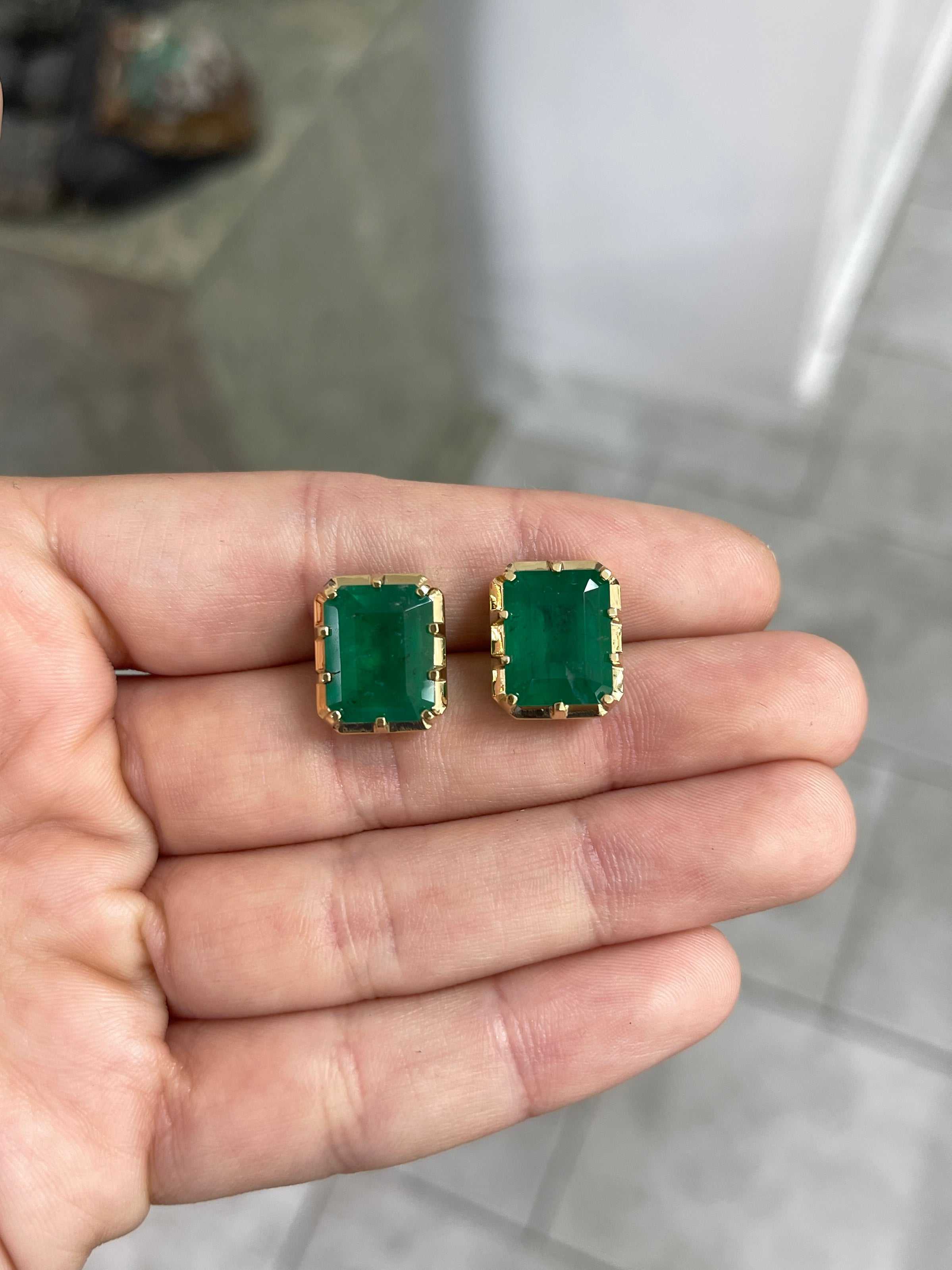 13.90tcw Zambian Emerald Multi Prong 18K Statement Studs - JR Colombian Emeralds