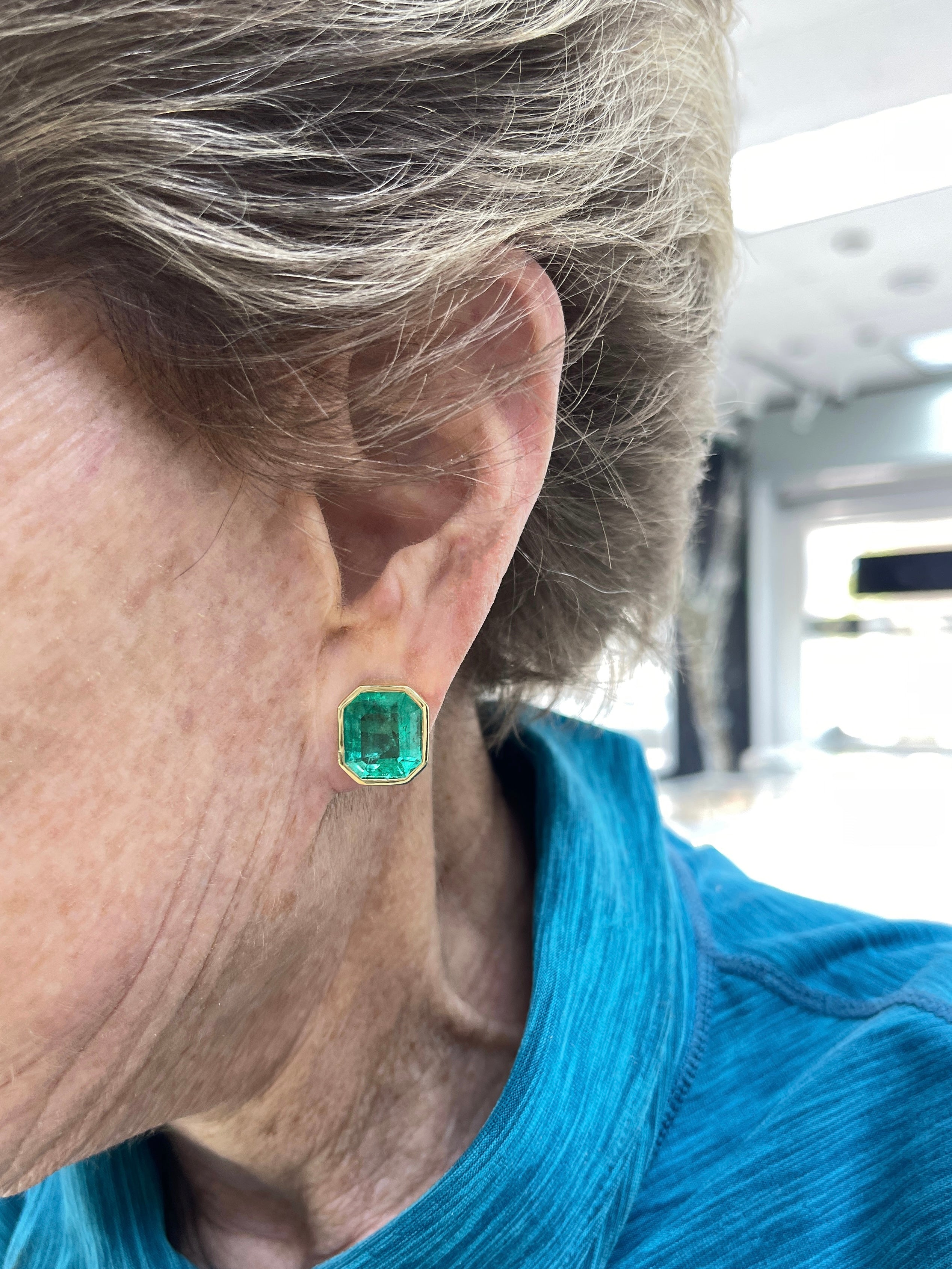 14.30tcw Large Bezel Set Natural Colombian Emerald Studs 18K - JR Colombian Emeralds