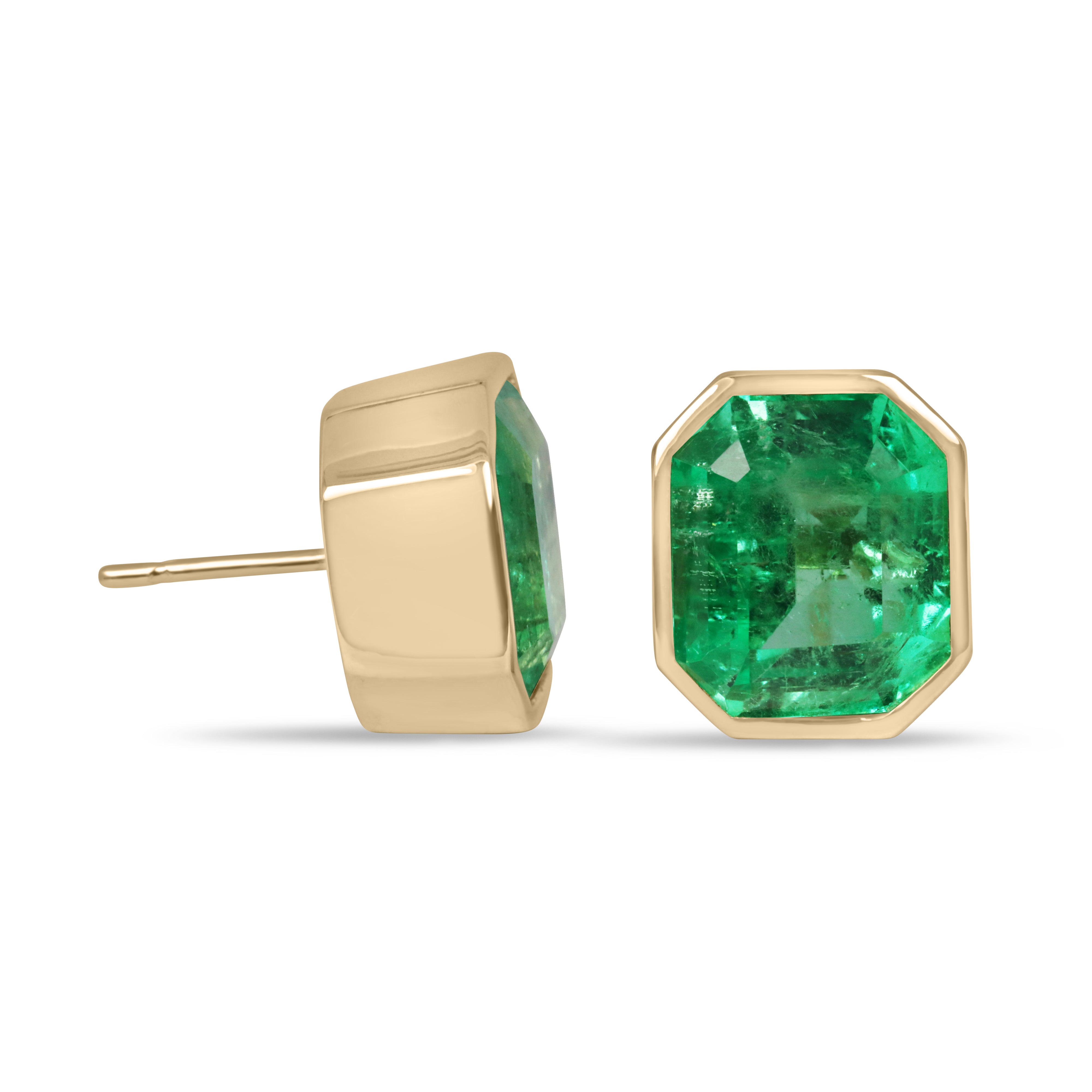 14.30tcw Large Bezel Set Natural Colombian Emerald Studs 18K - JR Colombian Emeralds