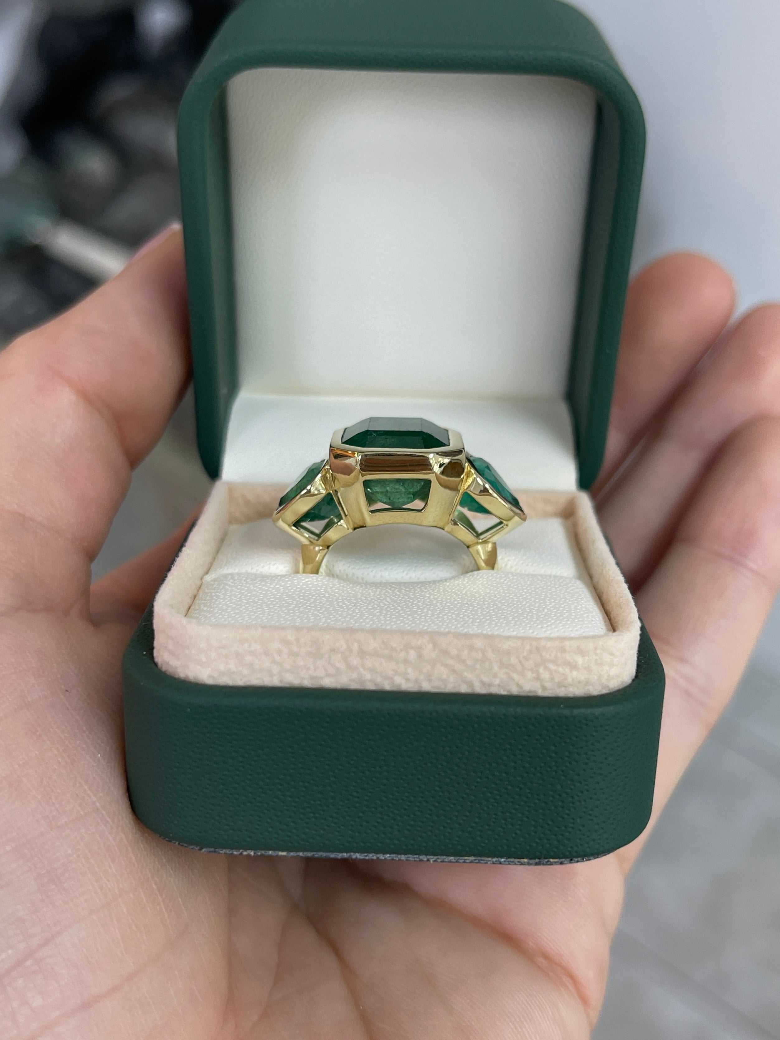 15.44tcw Emerald Cut Emerald and Pear Accents 3 Stone Bezel Ring 18K Gold