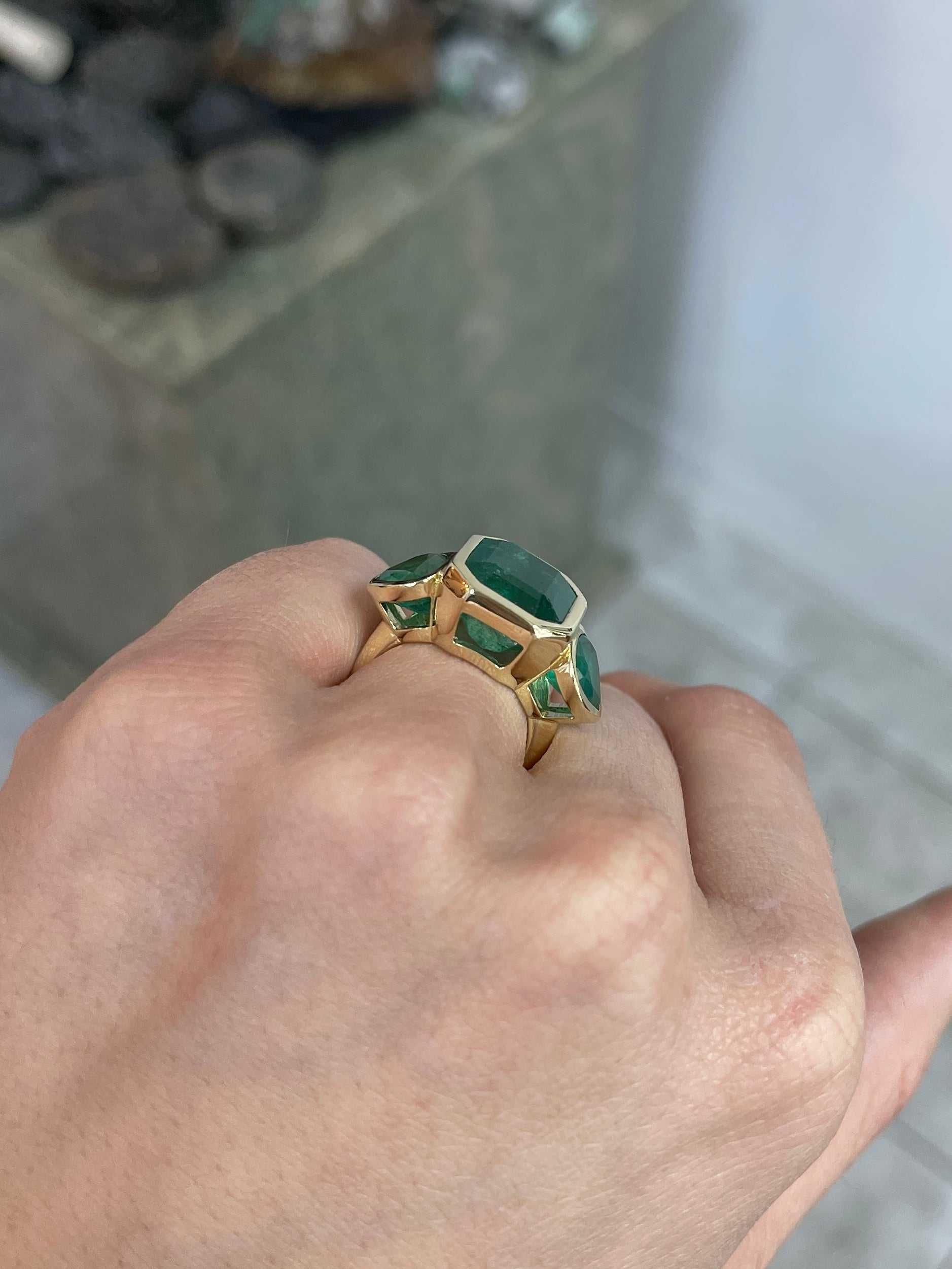 15.44tcw Emerald Cut Emerald and Pear Accents 3 Stone Bezel Ring 18K Gold