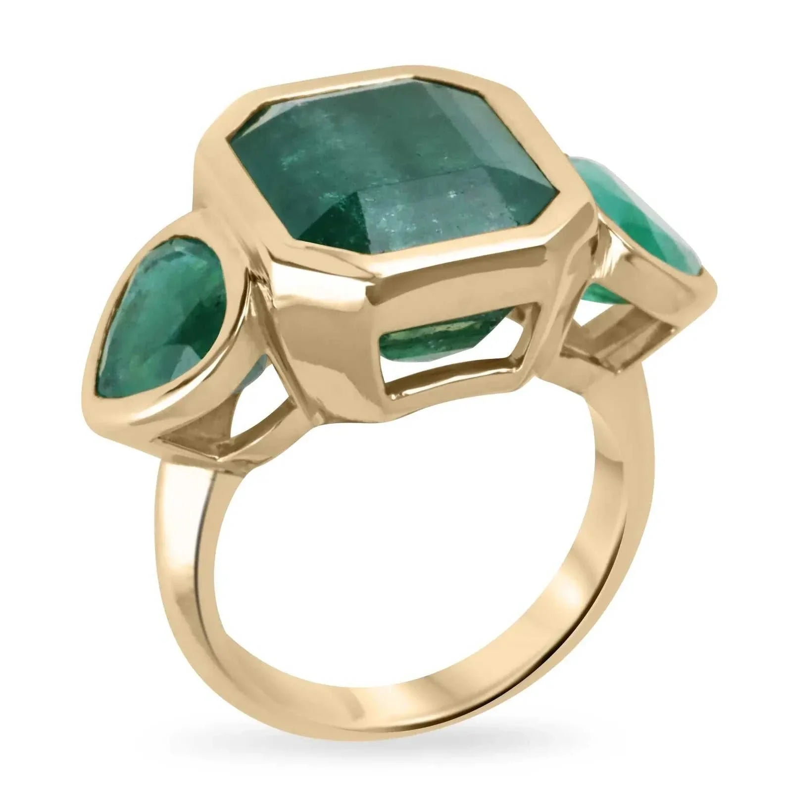 15.44tcw Emerald Cut Emerald and Pear Accents 3 Stone Bezel Ring 18K Gold