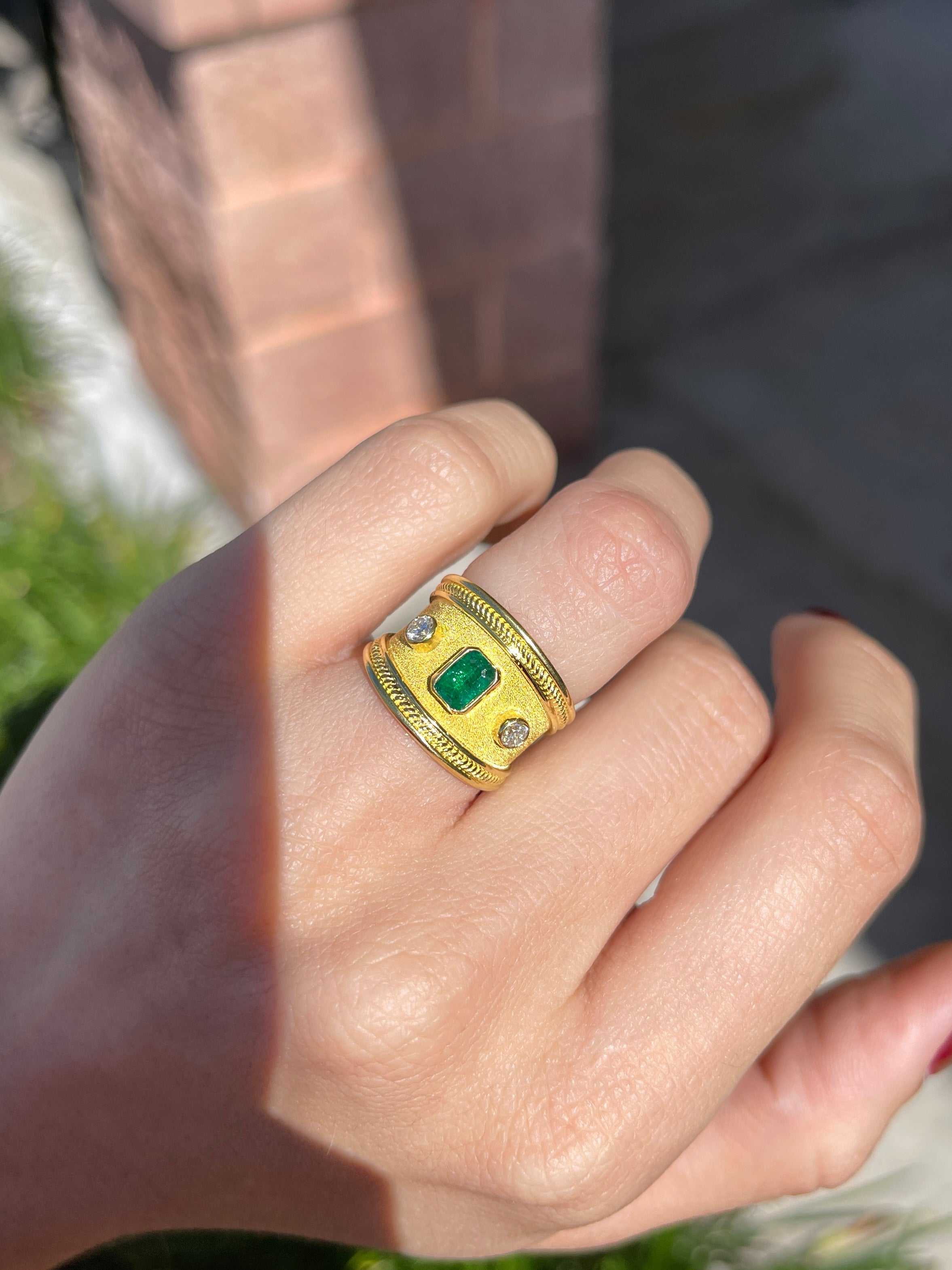 18K Byzantine Emerald & Diamond Three Stone Ring Size 6 - JR Colombian Emeralds