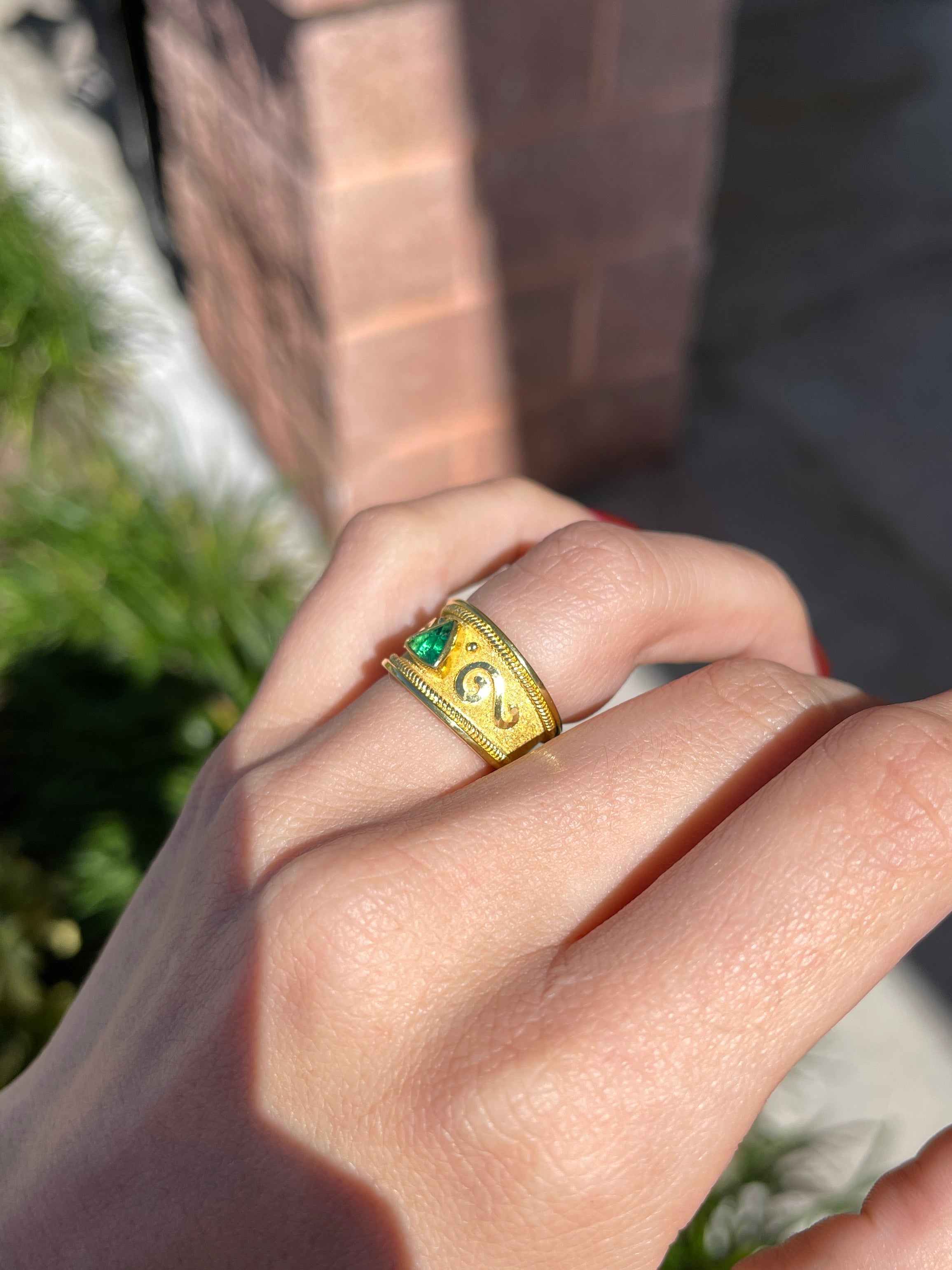18K Byzantine Trillion Emerald Solitaire Ring Size 6 - JR Colombian Emeralds