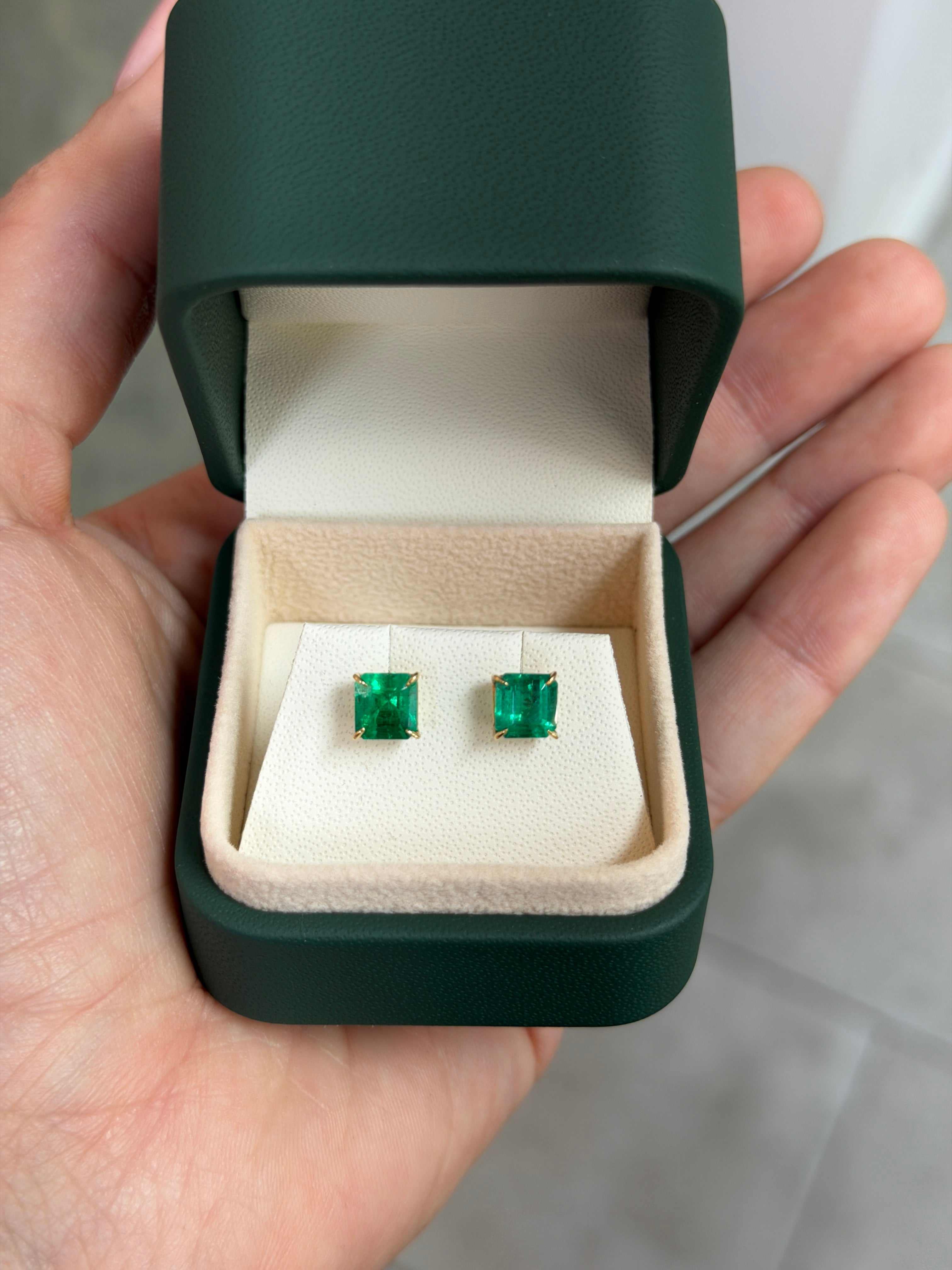 2.05tcw 18K Vivid Green Asscher Cut Colombian Emerald Studs