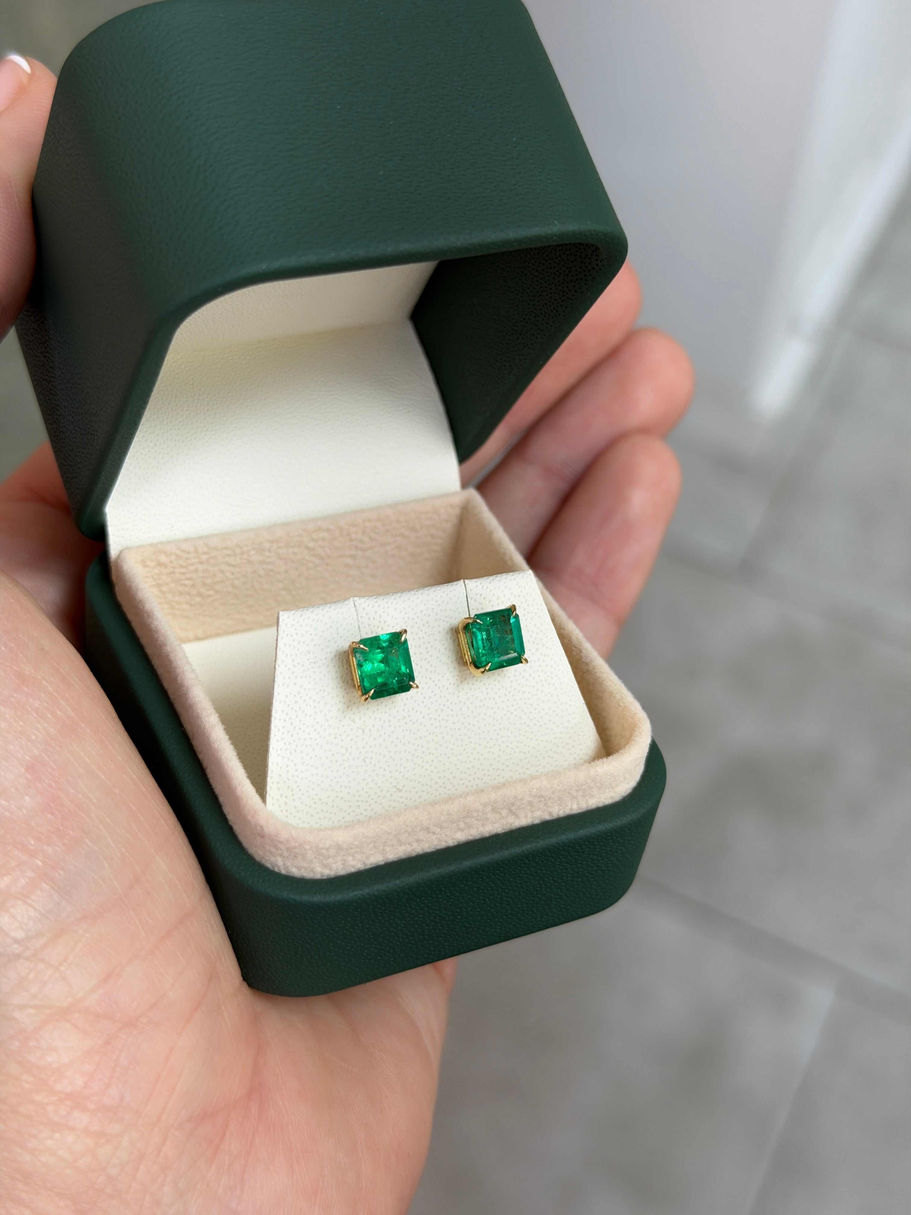 2.05tcw 18K Vivid Green Asscher Cut Colombian Emerald Studs