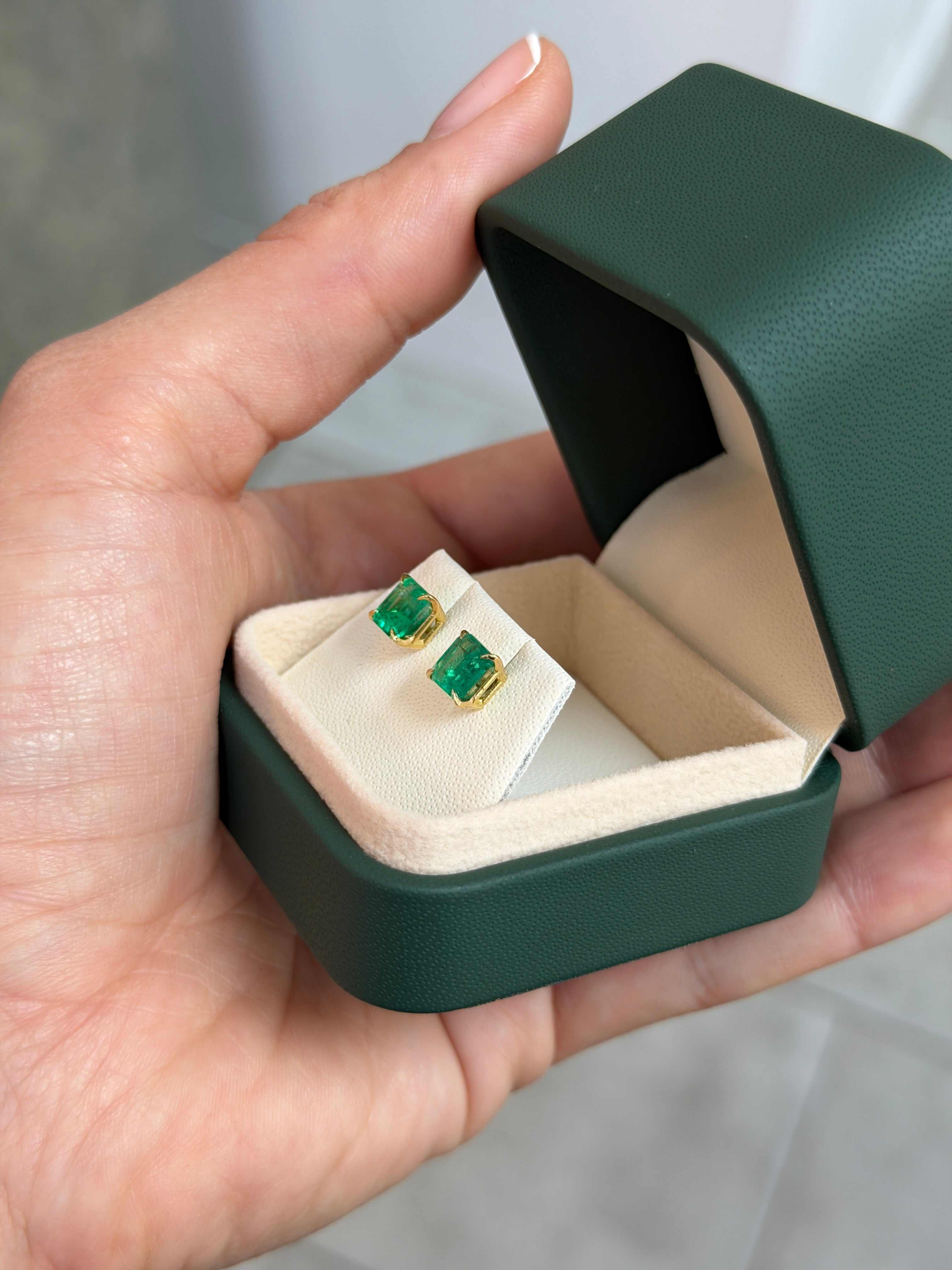 2.05tcw 18K Vivid Green Asscher Cut Colombian Emerald Studs