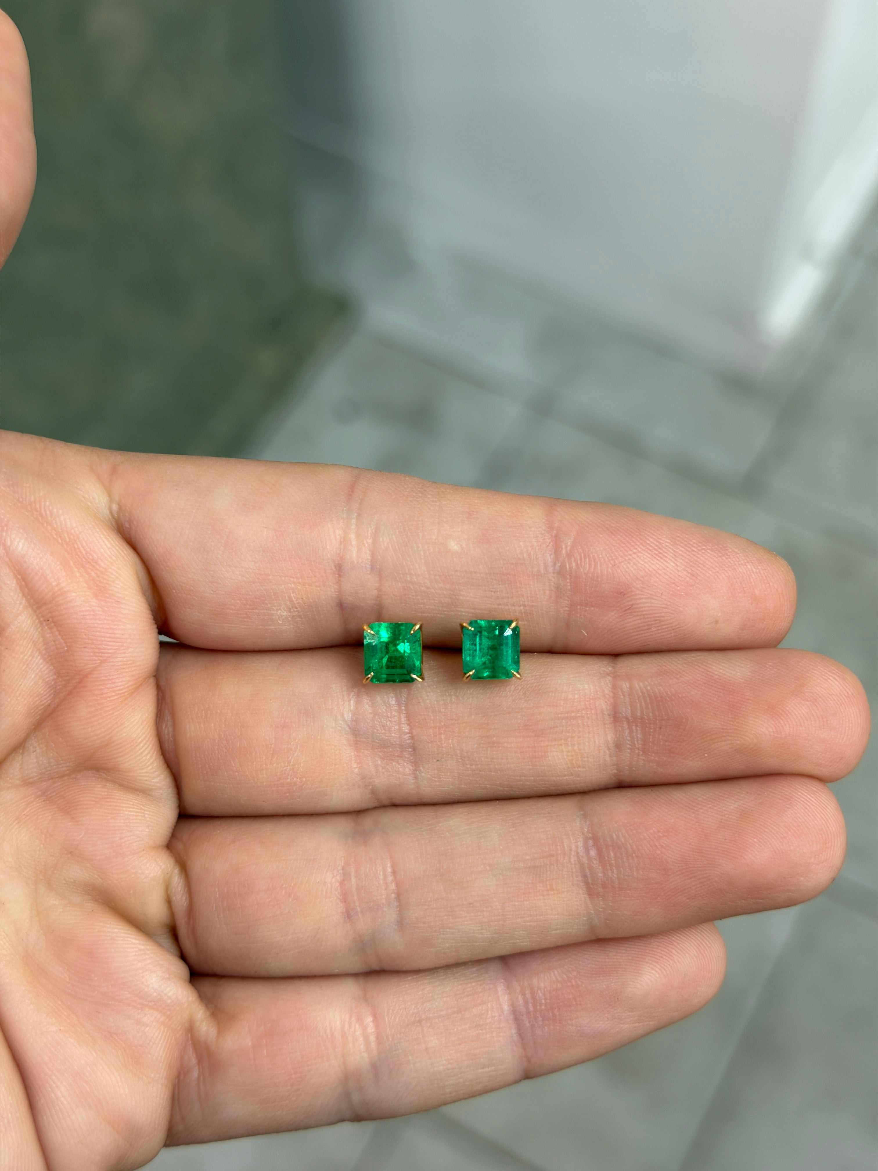 2.05tcw 18K Vivid Green Asscher Cut Colombian Emerald Studs