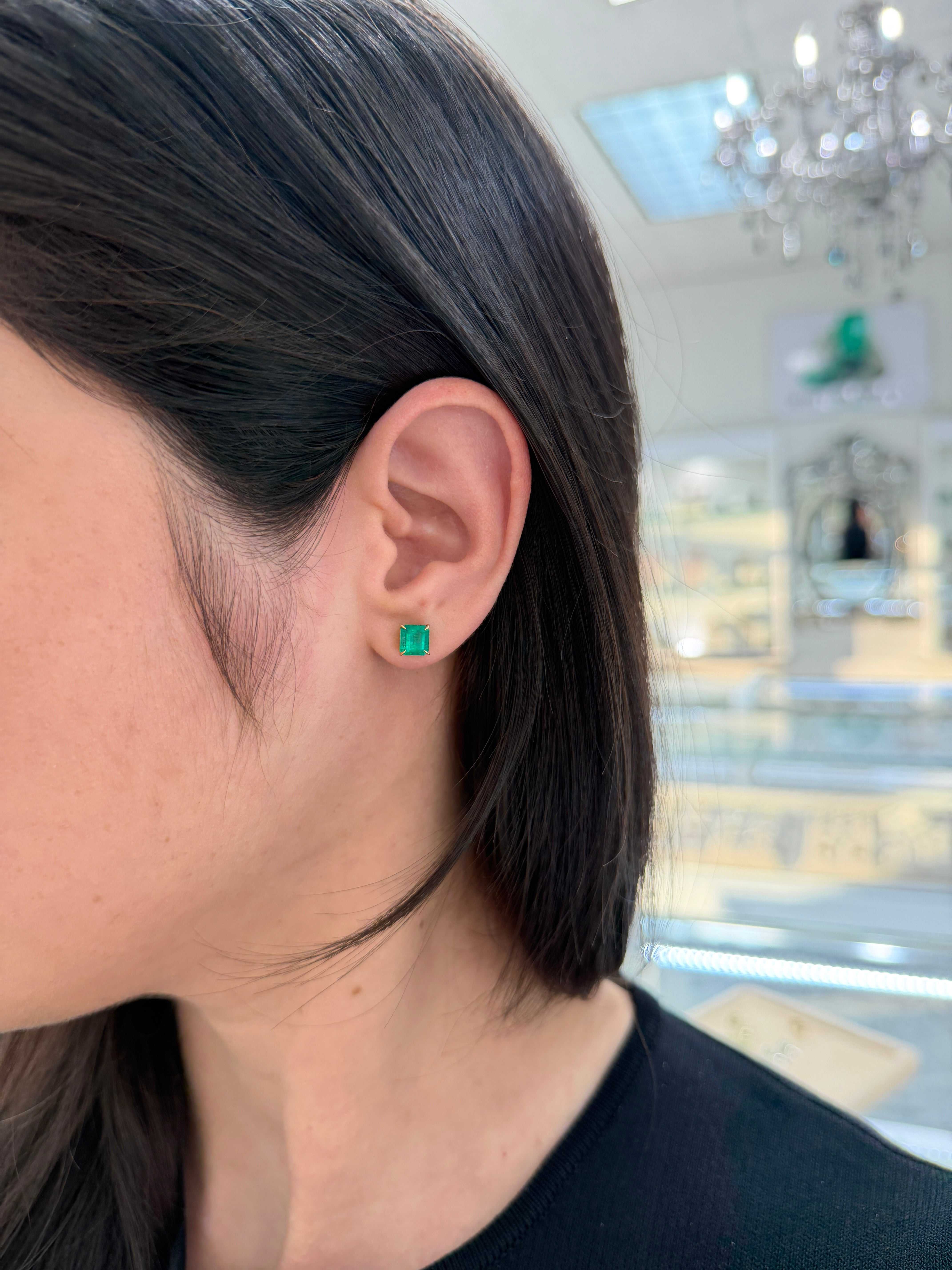 2.05tcw 18K Vivid Green Asscher Cut Colombian Emerald Studs