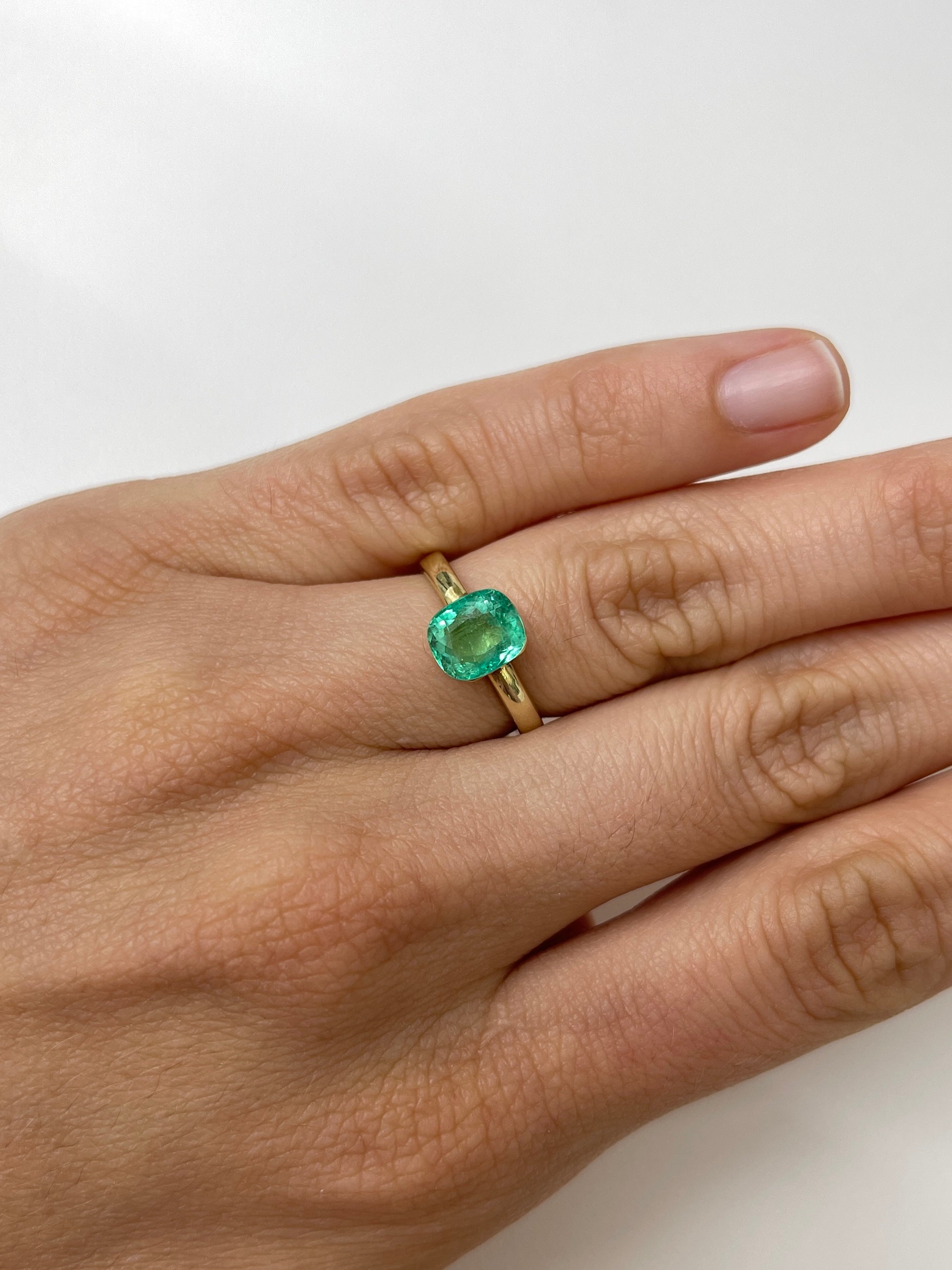 Natural loose Colombian emerald, 2.06 carats, cushion cut, minty bluish green color, from JR Colombian Emeralds.