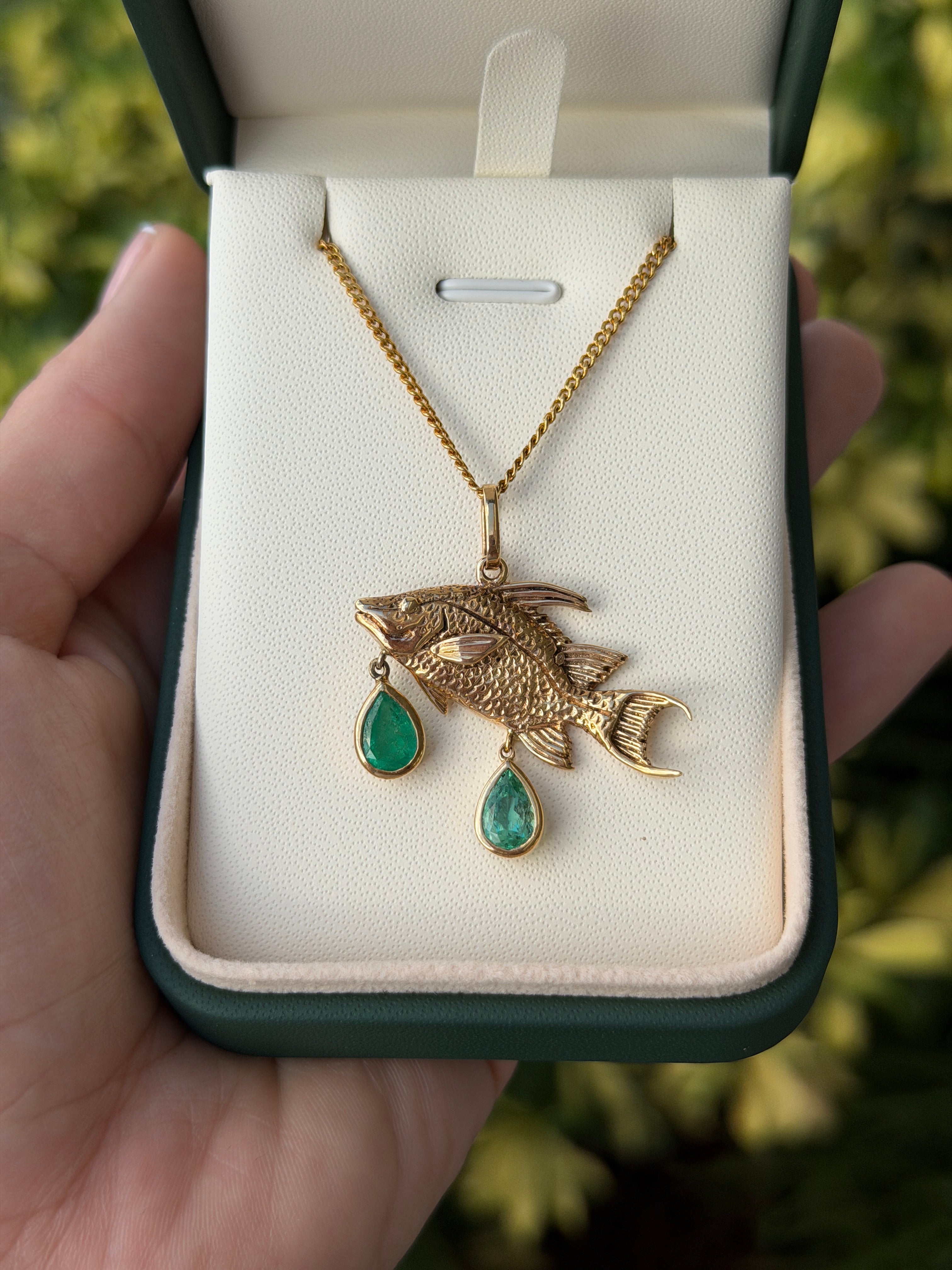 2.0tcw 14K Hog Fish Emerald Pendant - JR Colombian Emeralds