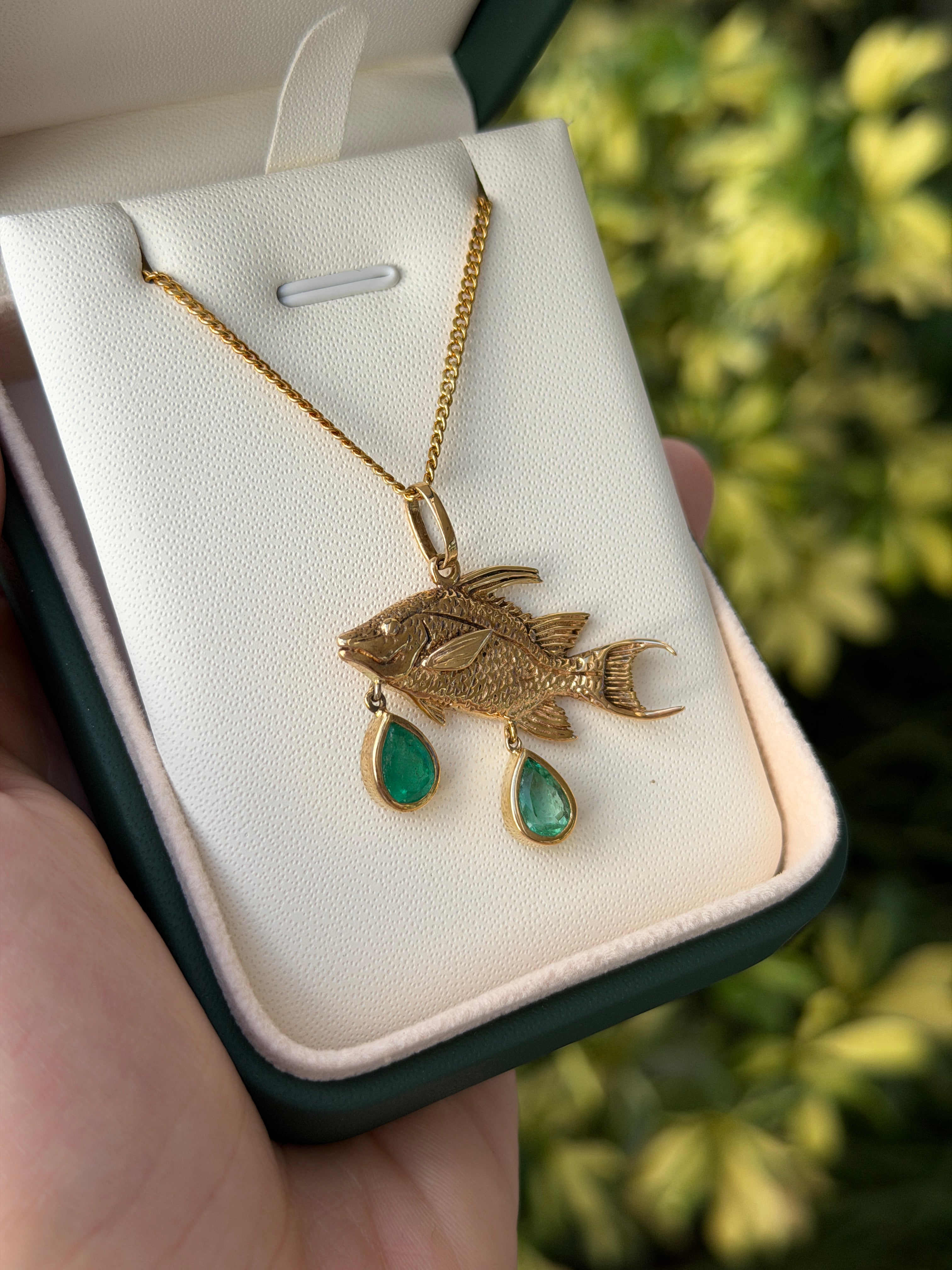 2.0tcw 14K Hog Fish Emerald Pendant - JR Colombian Emeralds