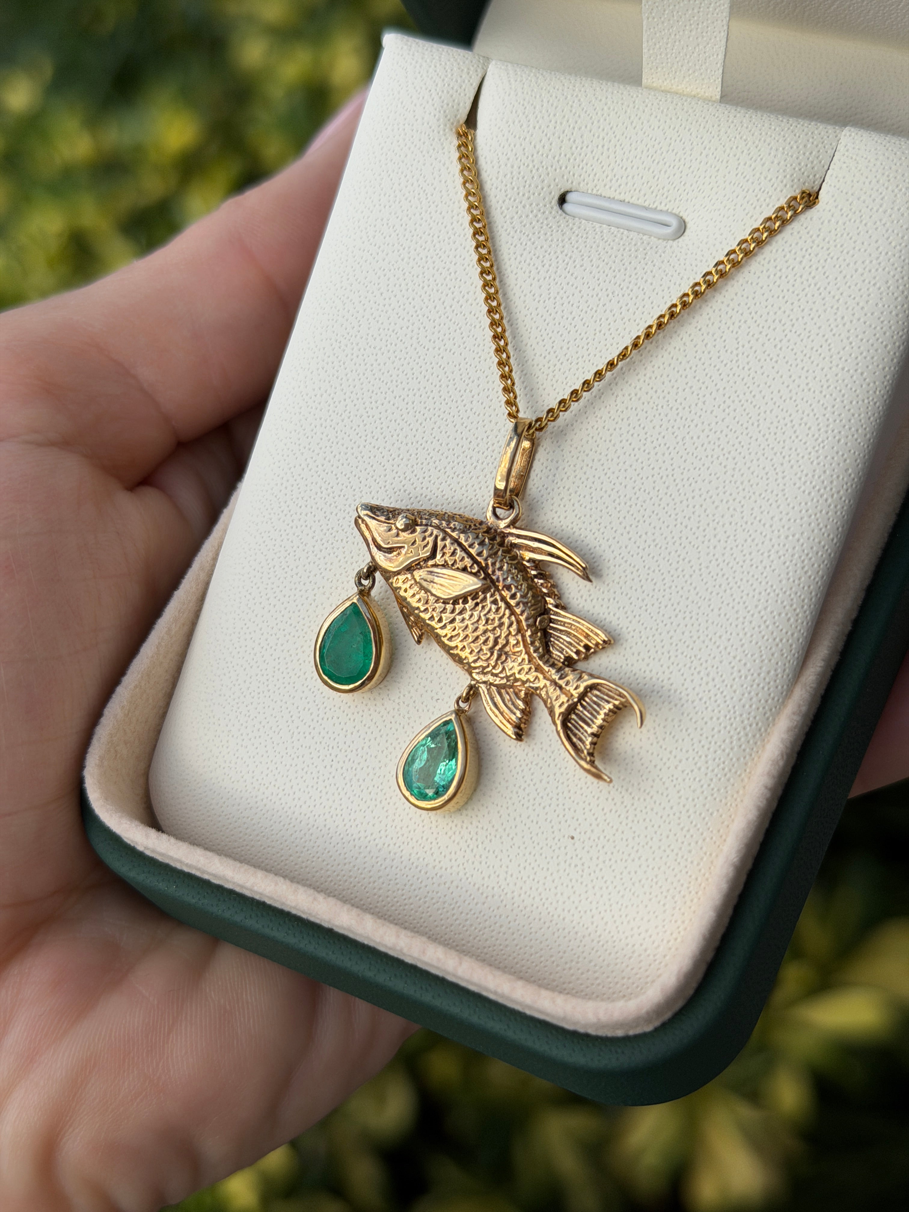 2.0tcw 14K Hog Fish Emerald Pendant - JR Colombian Emeralds